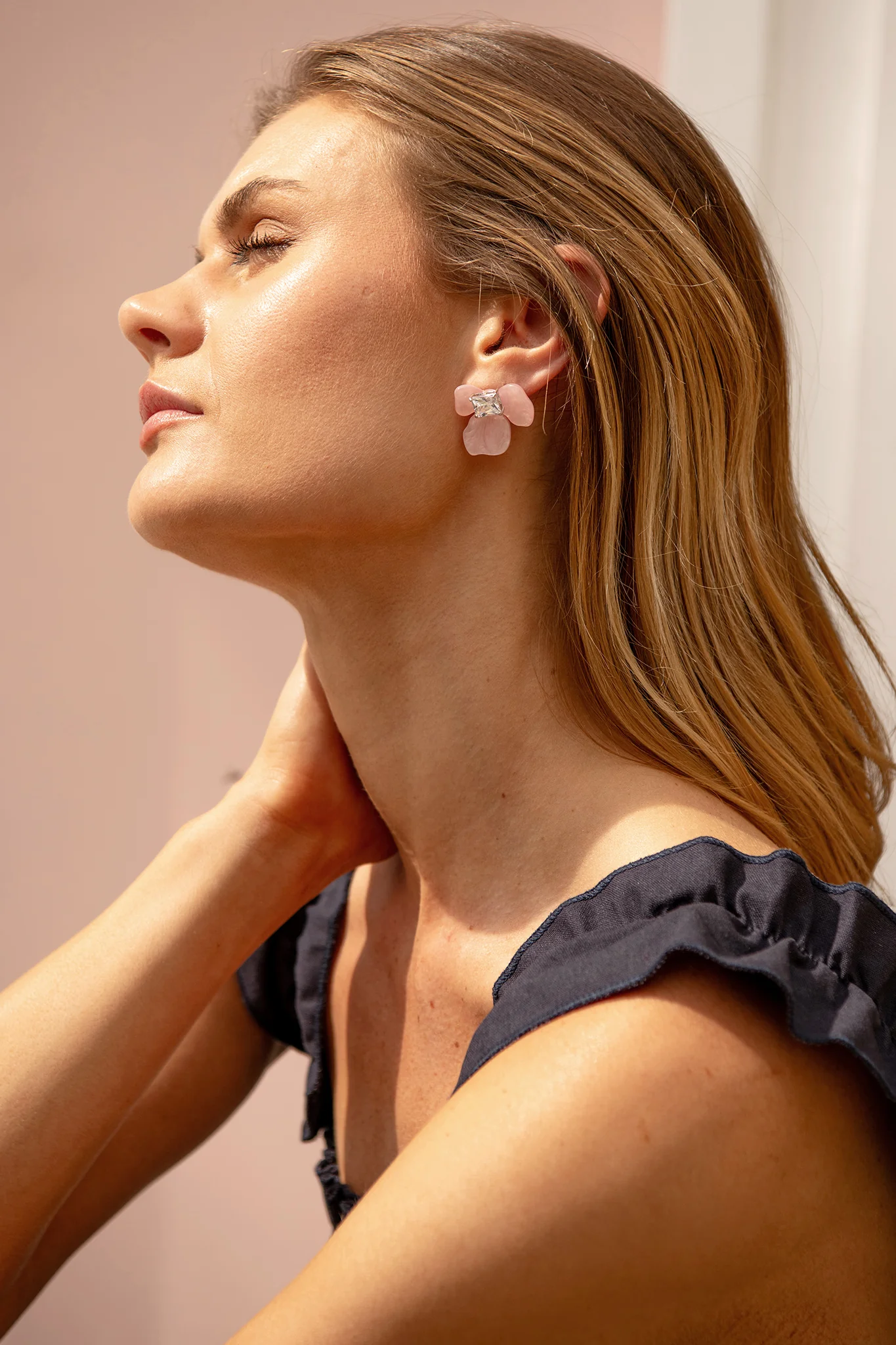 Milly Petal Stud Earrings in Blush Acrylic with Diamante - Image 3