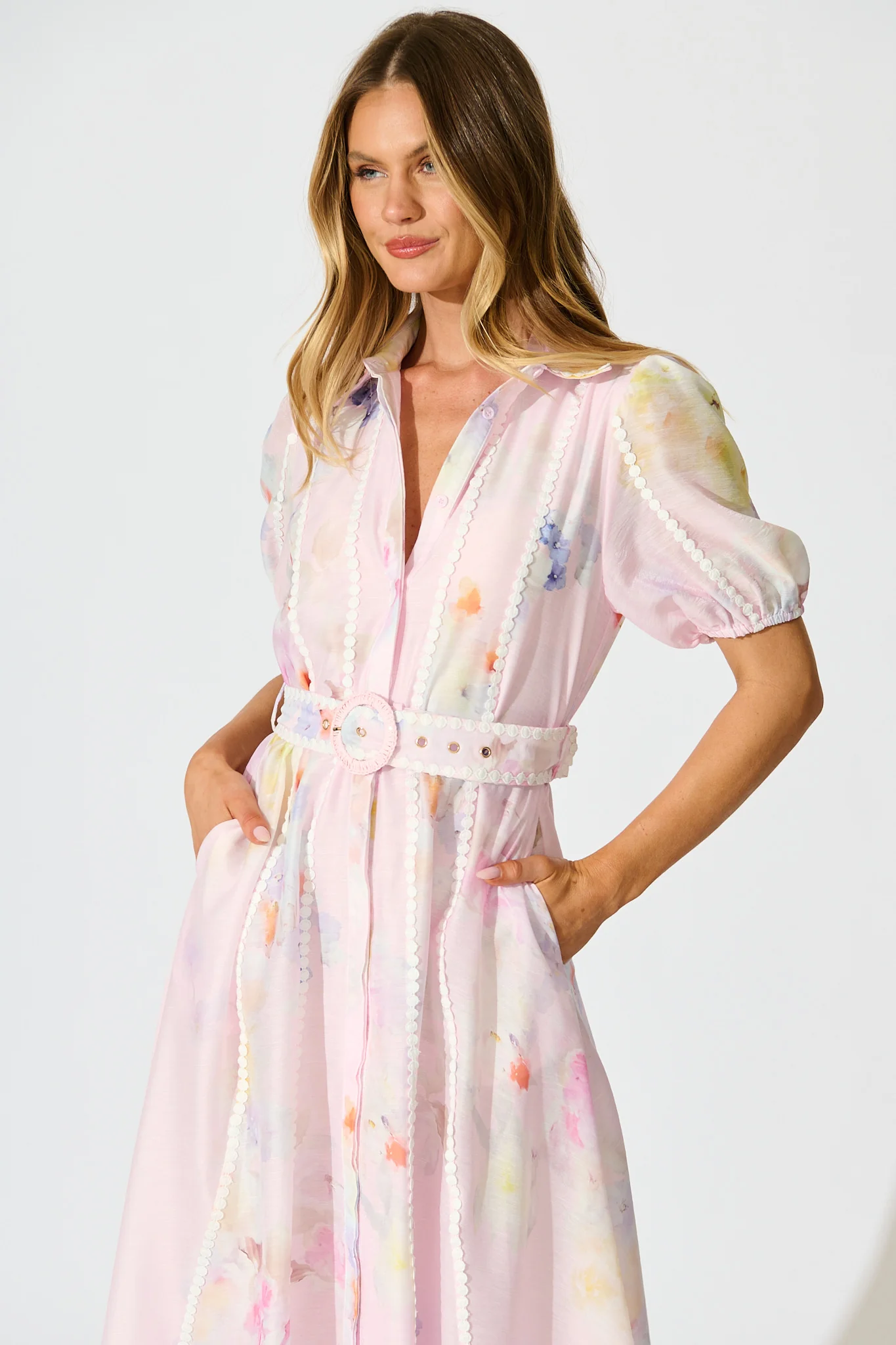 Mimi Maxi Shirt Dress in Light Pink Floral - Image 2