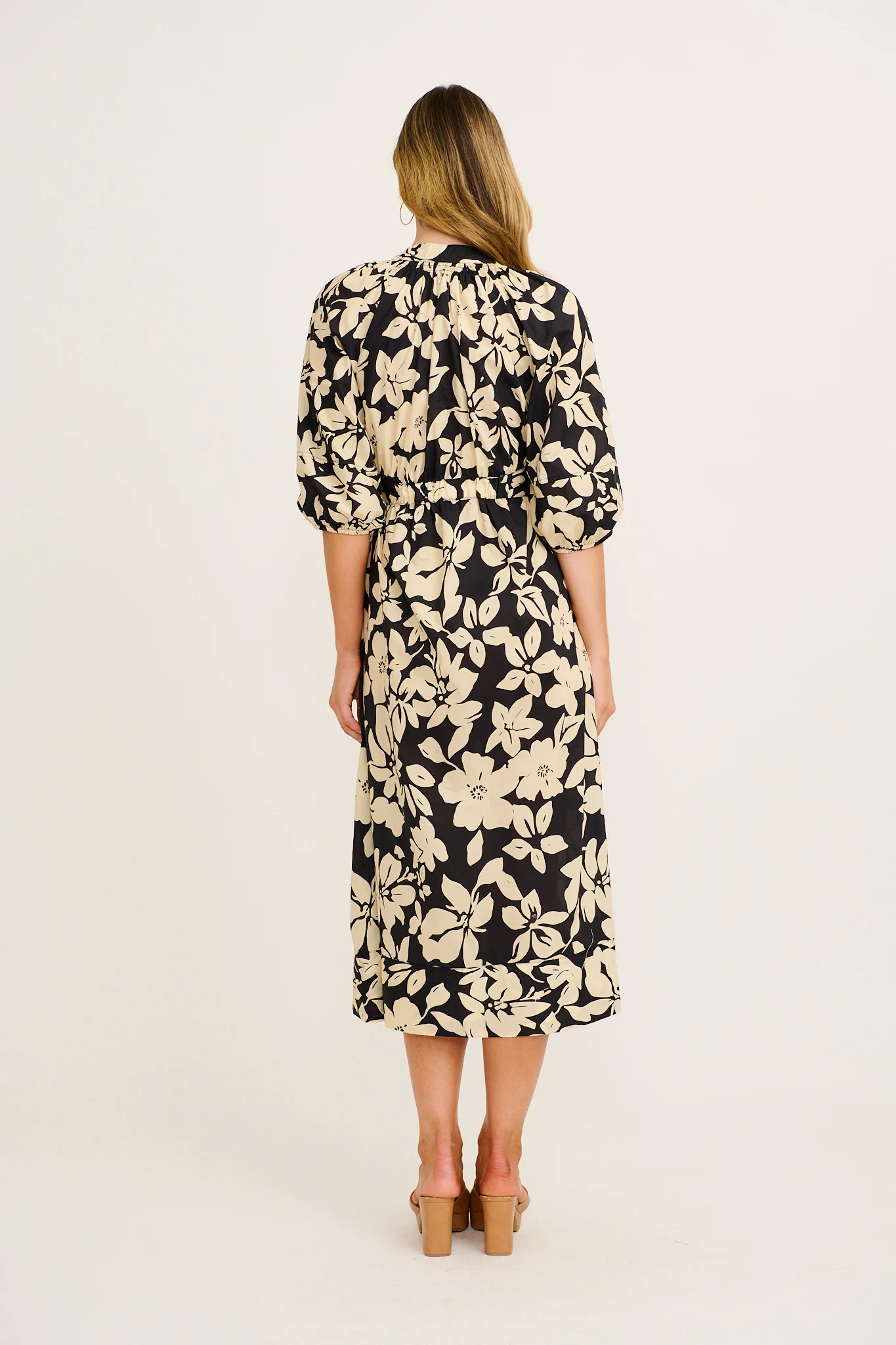 Mimsy Midi Dress in Cream with Black Floral Cotton - Image 4