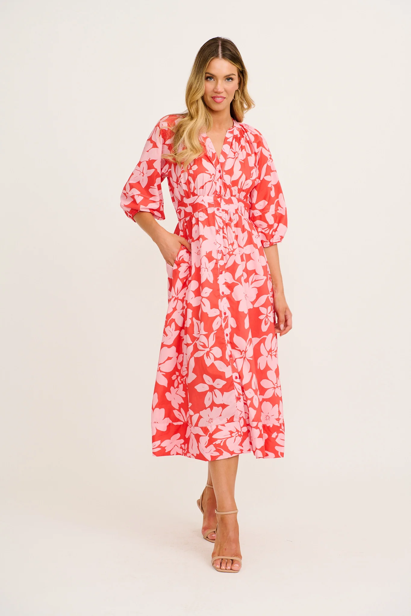 Mimsy Midi Dress in Red with Pink Floral Cotton