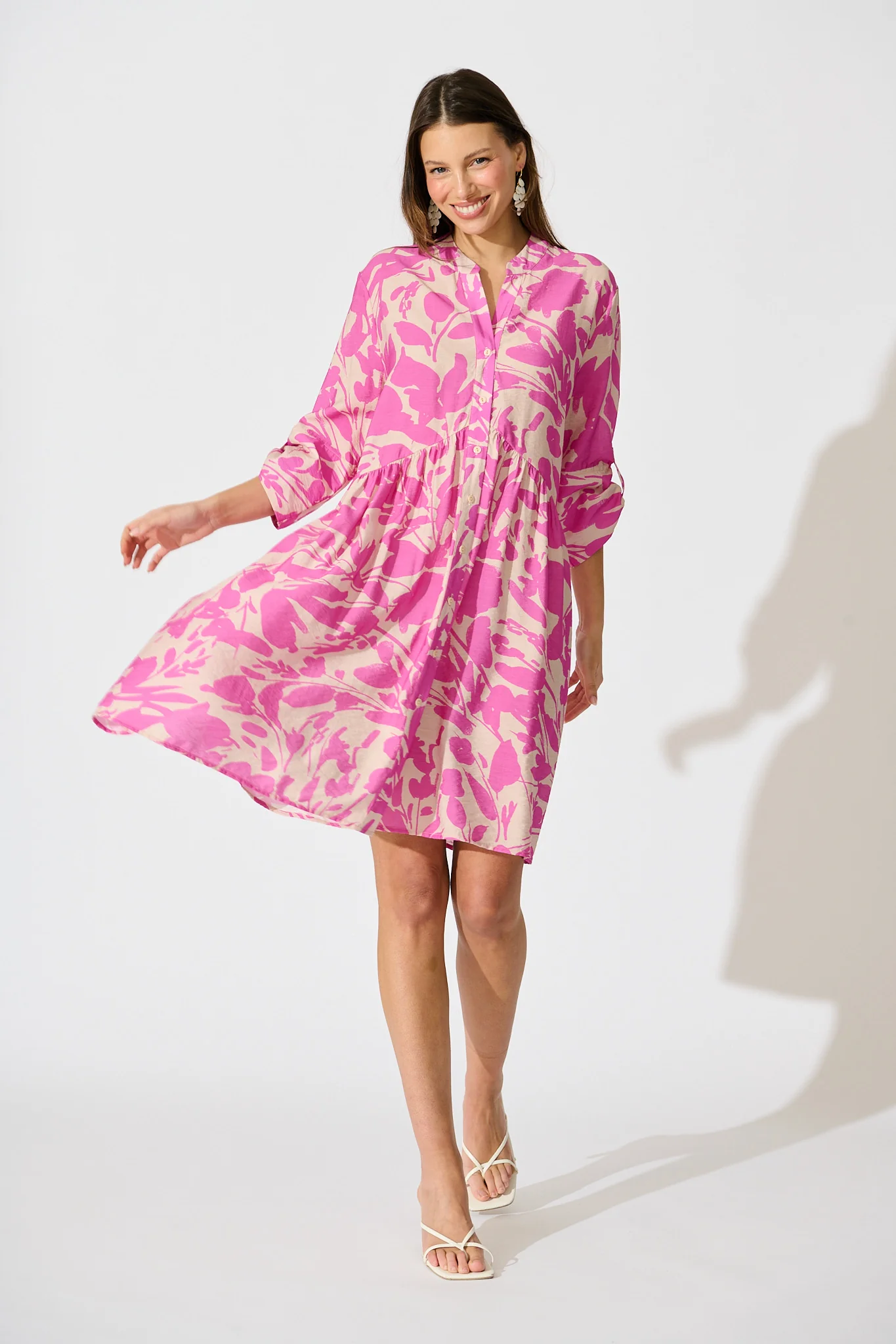 Mina Smock Dress in Cream and Pink Print