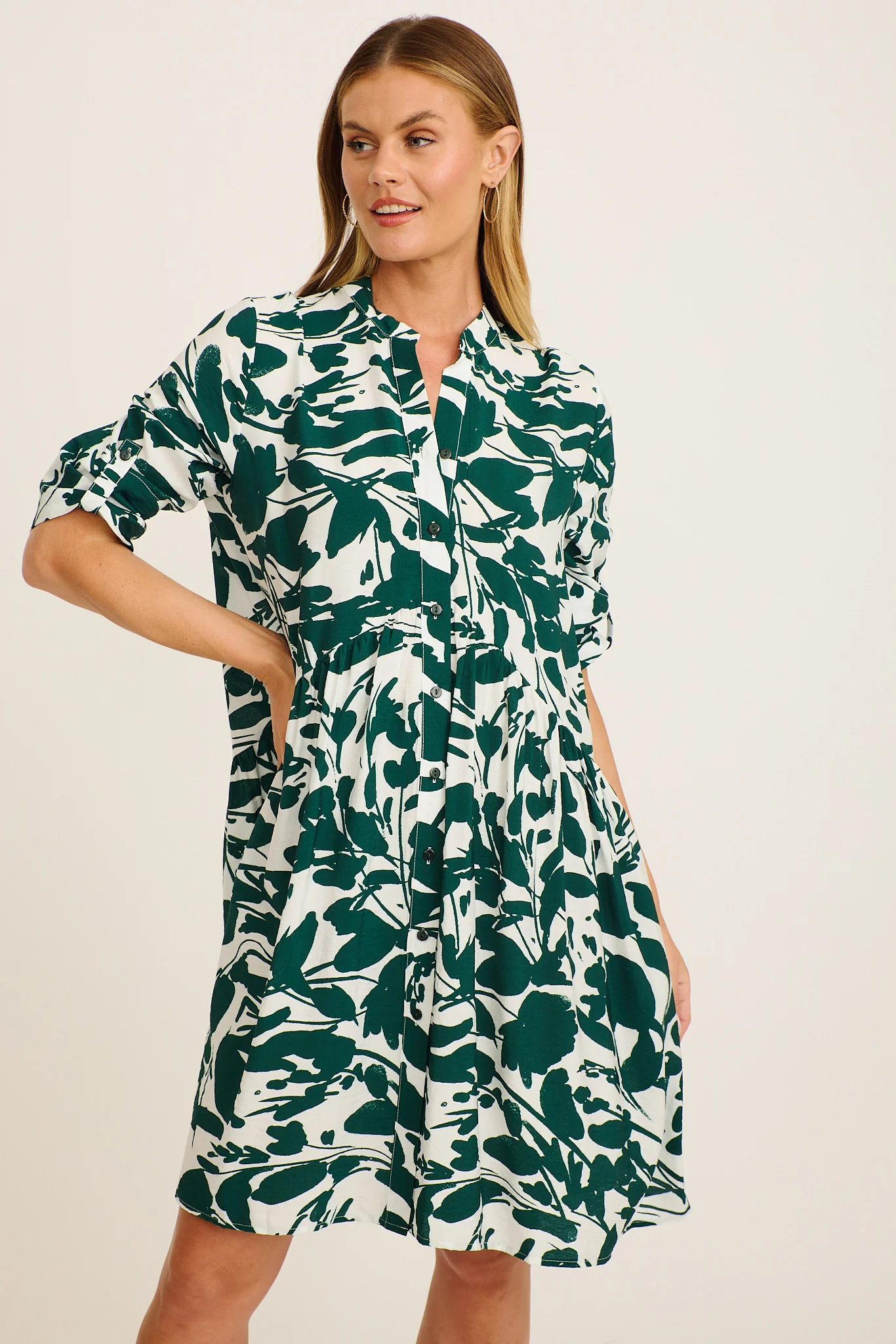Mina Smock Dress in Green and White Print Linen Blend - Image 2