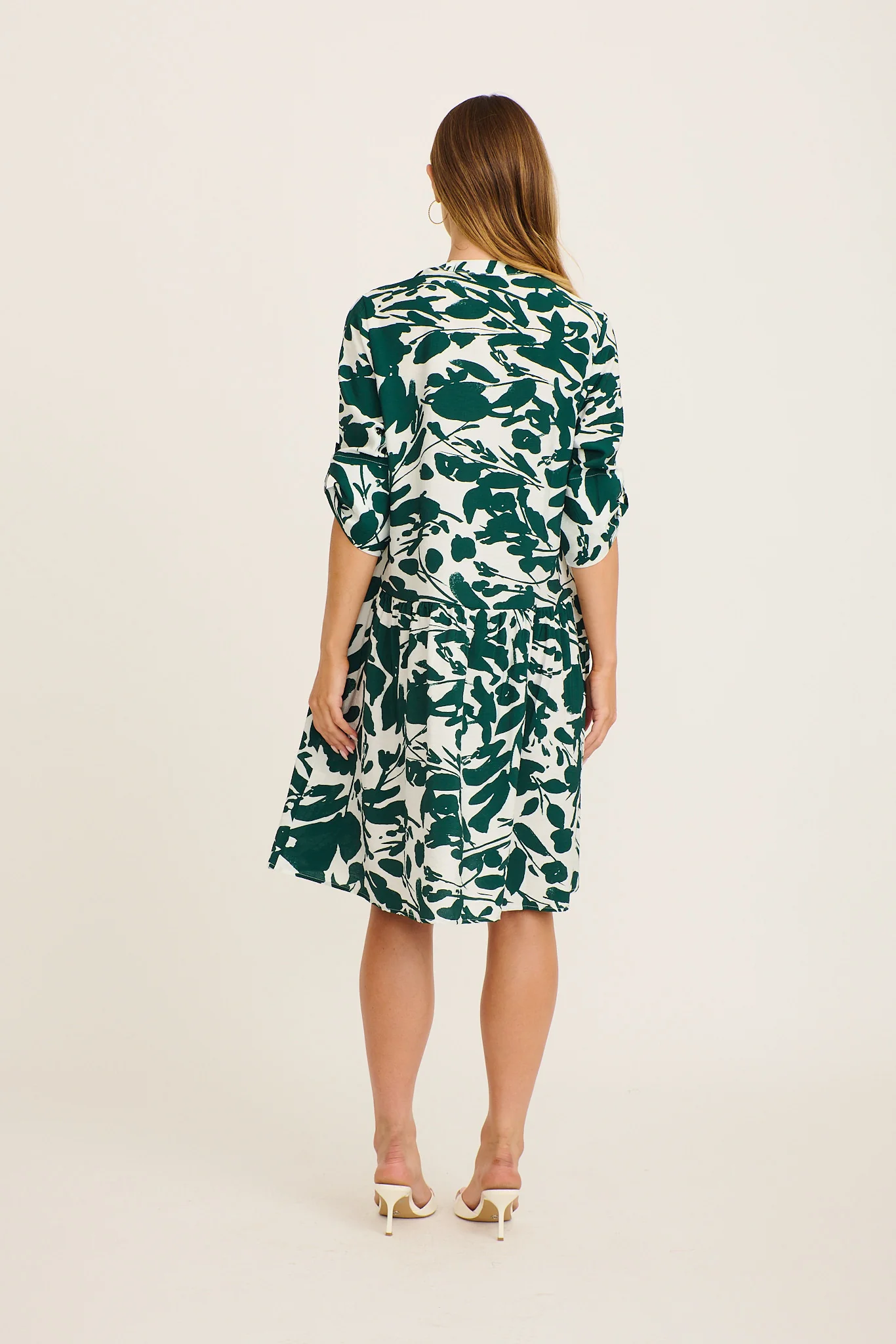 Mina Smock Dress in Green and White Print Linen Blend - Image 4