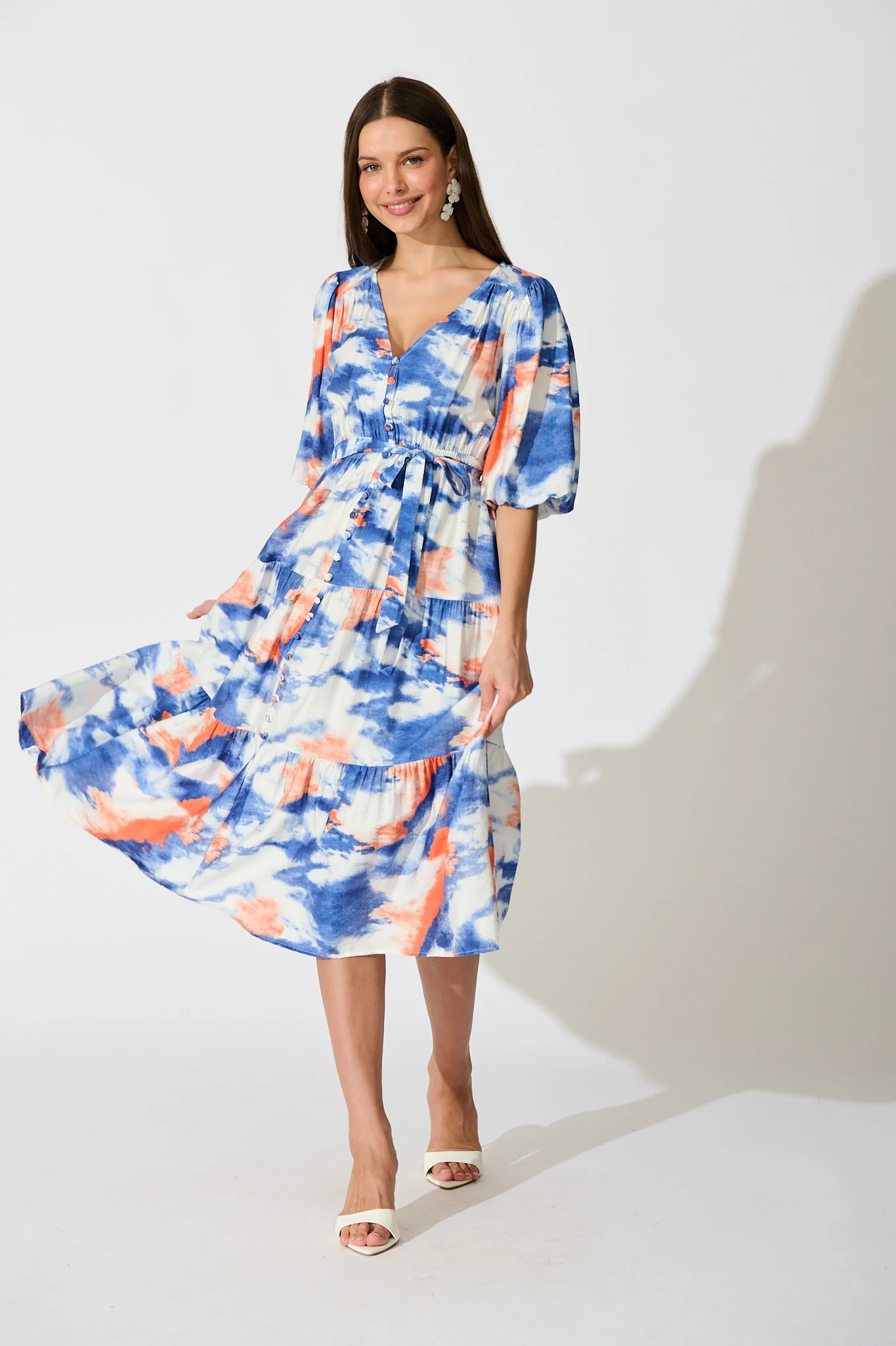 Mirana Midi Dress in Blue and White Watercolour