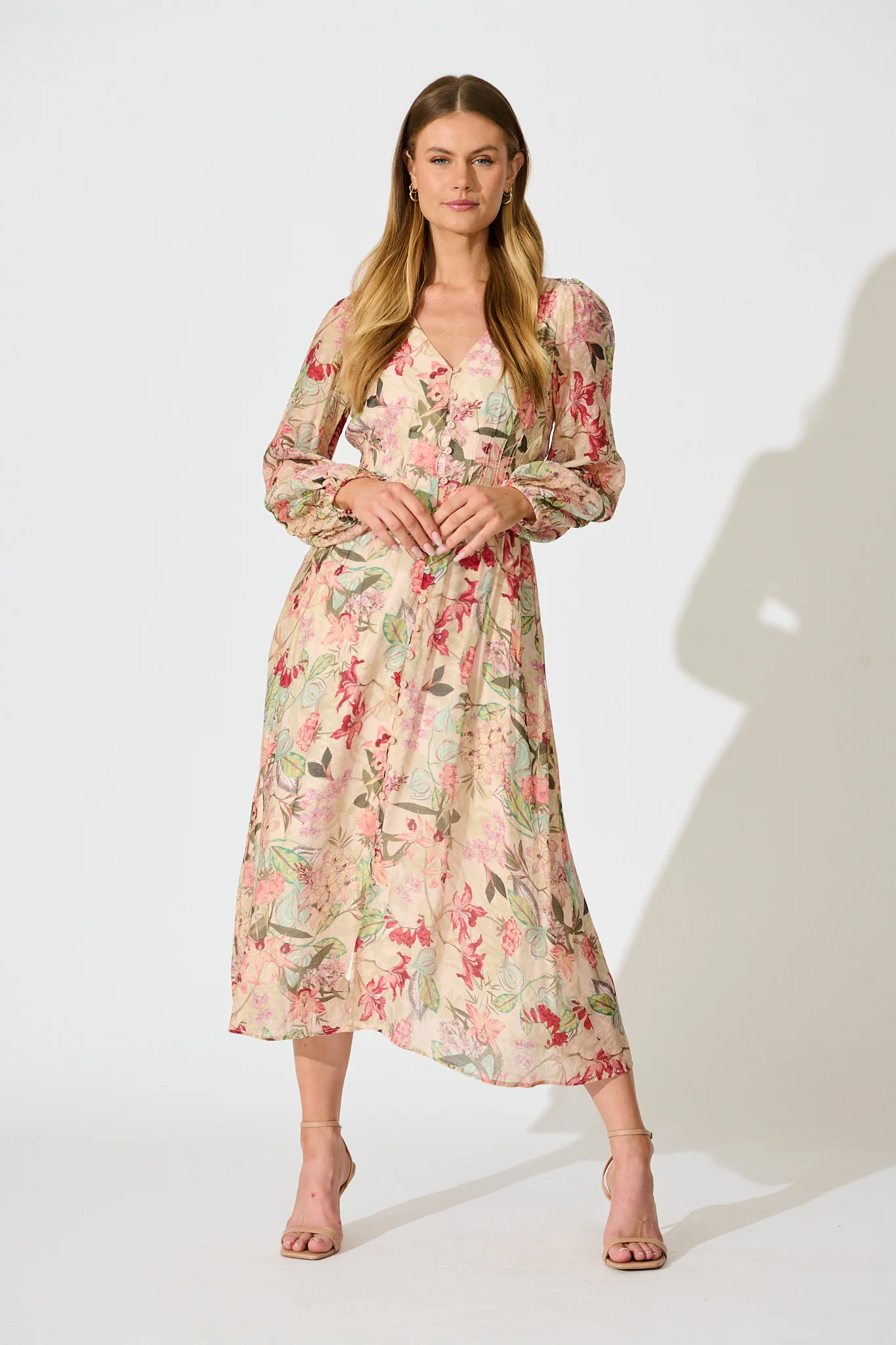 Mirea Maxi Dress in Beige with Multi Floral Print