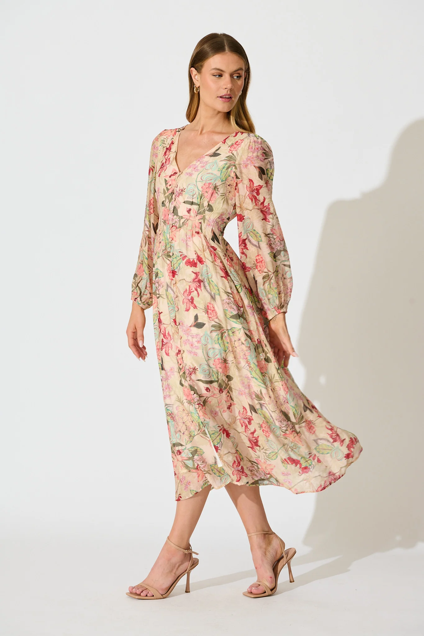 Mirea Maxi Dress in Beige with Multi Floral Print - Image 3