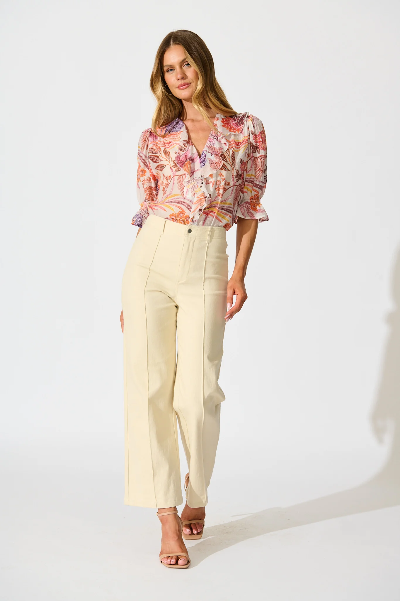 Mirella Top in Multi Tan Leaf Print - Image 4