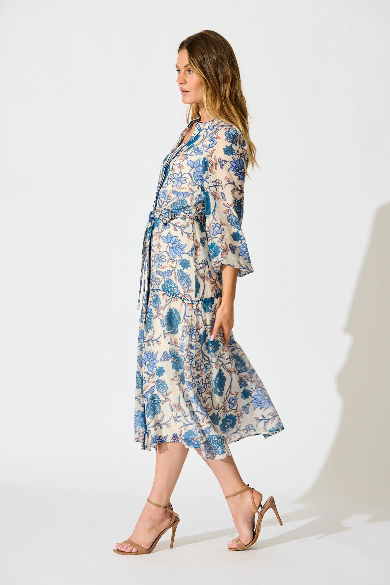 Miren Midi Dress in White with Blue Floral - Image 3
