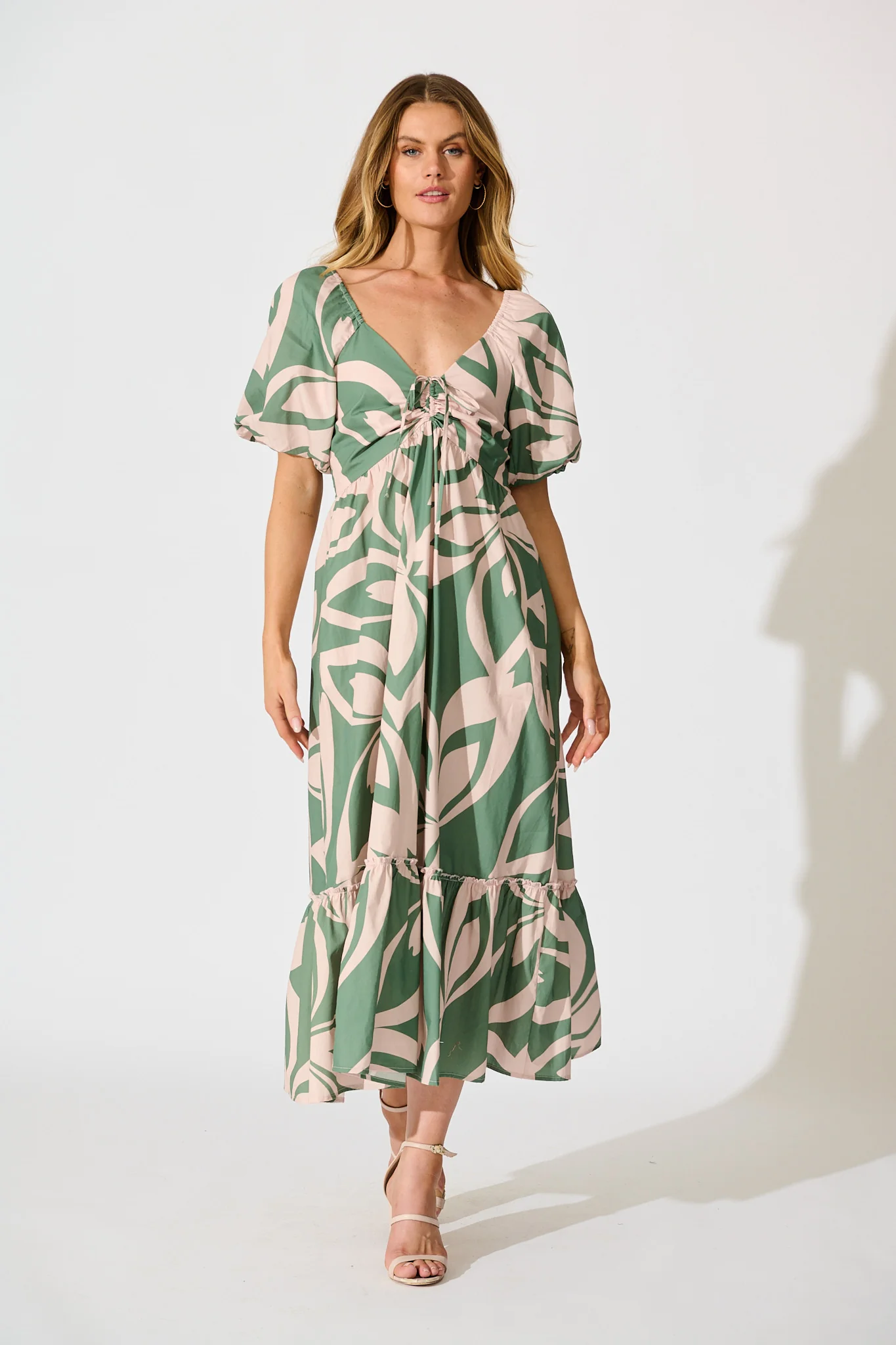 Mirna Maxi Dress in Green with Pink Leaf Print Cotton