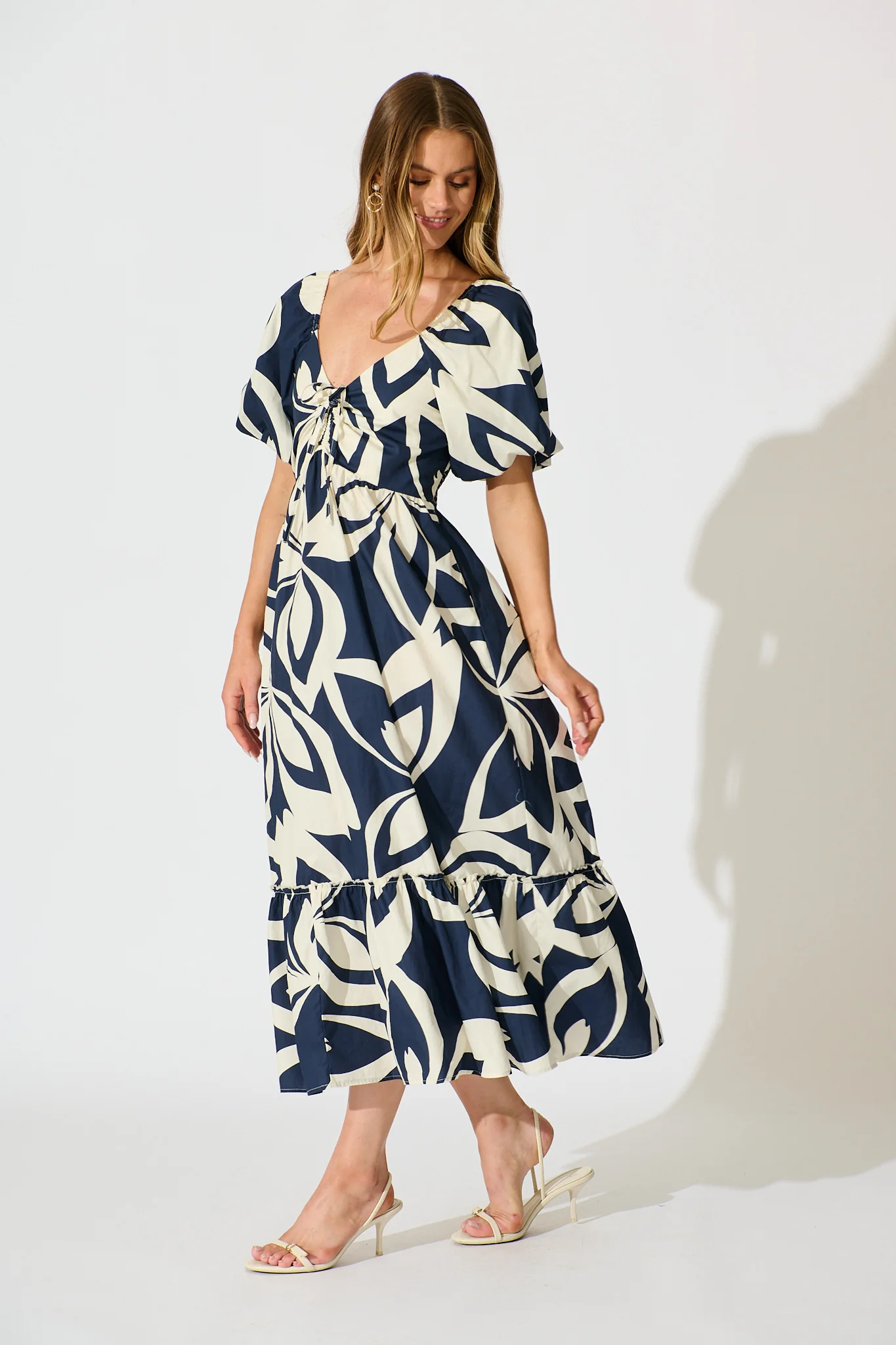 Mirna Maxi Dress in Navy with Cream Leaf Print Cotton - Image 3