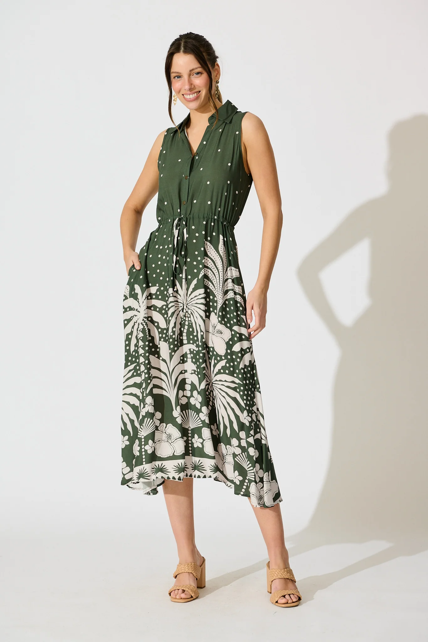Mirren Midi Dress in Emerald with White Palm Print
