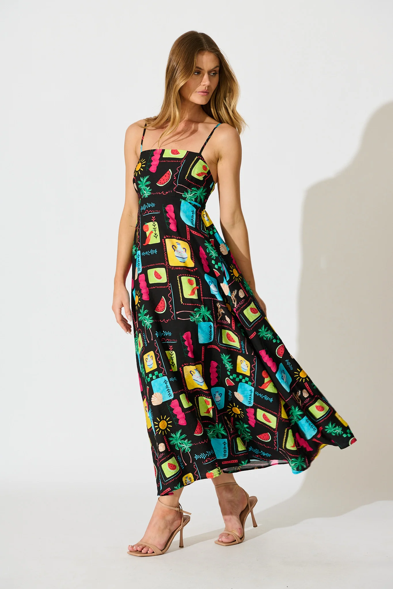 Moa Maxi Sundress in Black Multi Patchwork Linen Blend - Image 3