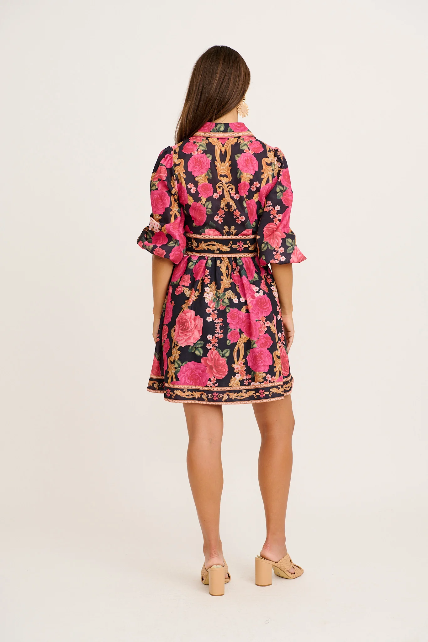 Moonlit Desire Shirt Dress in Black with Pink Floral Linen Blend - Image 9