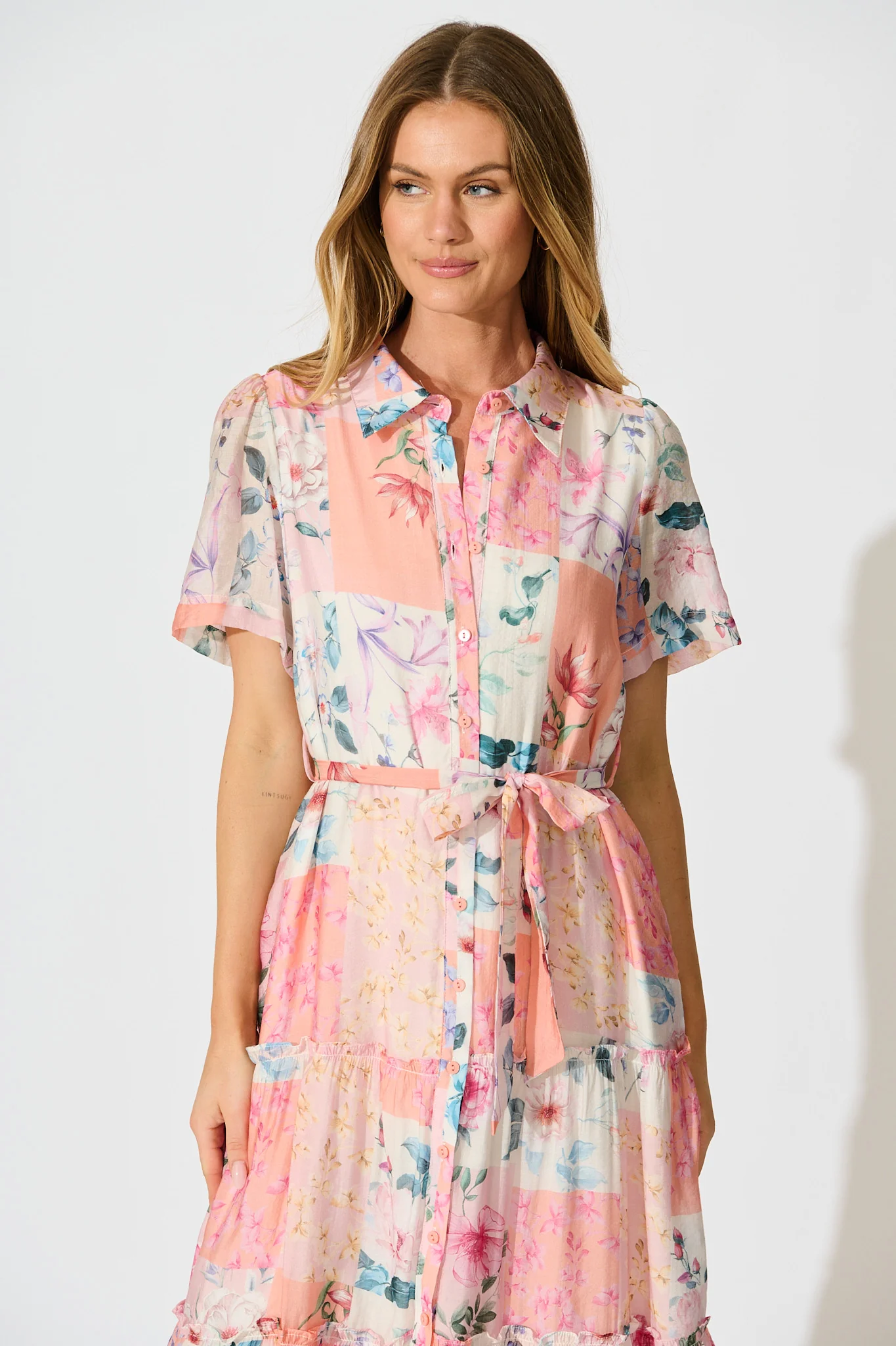 Morgana Midi Shirt Dress in Pink Patchwork Floral - Image 2