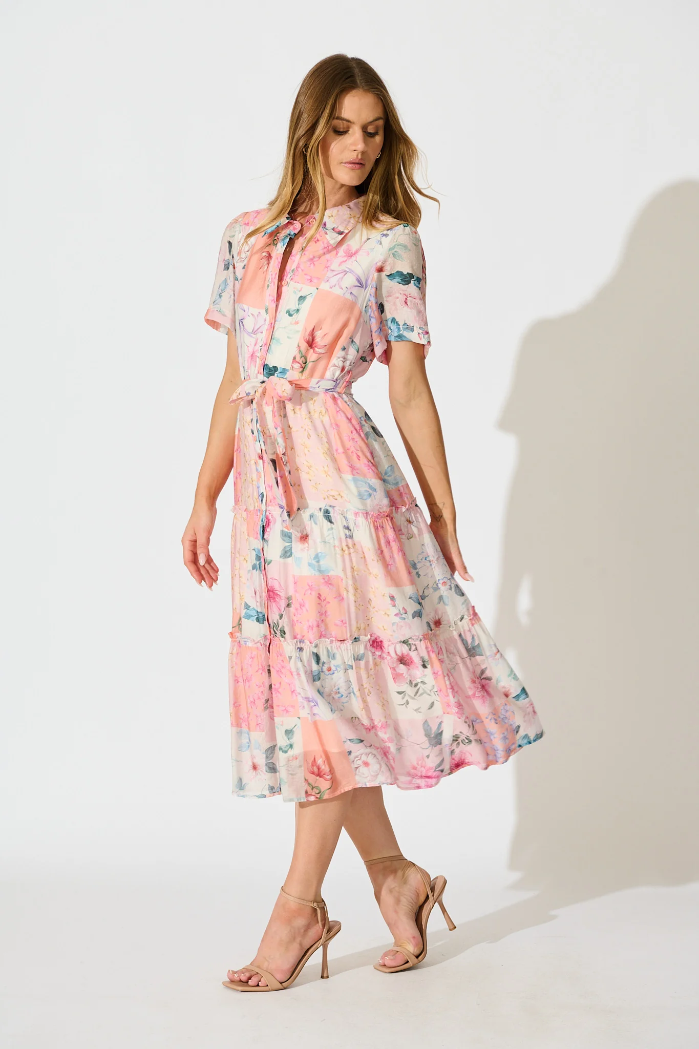Morgana Midi Shirt Dress in Pink Patchwork Floral - Image 3