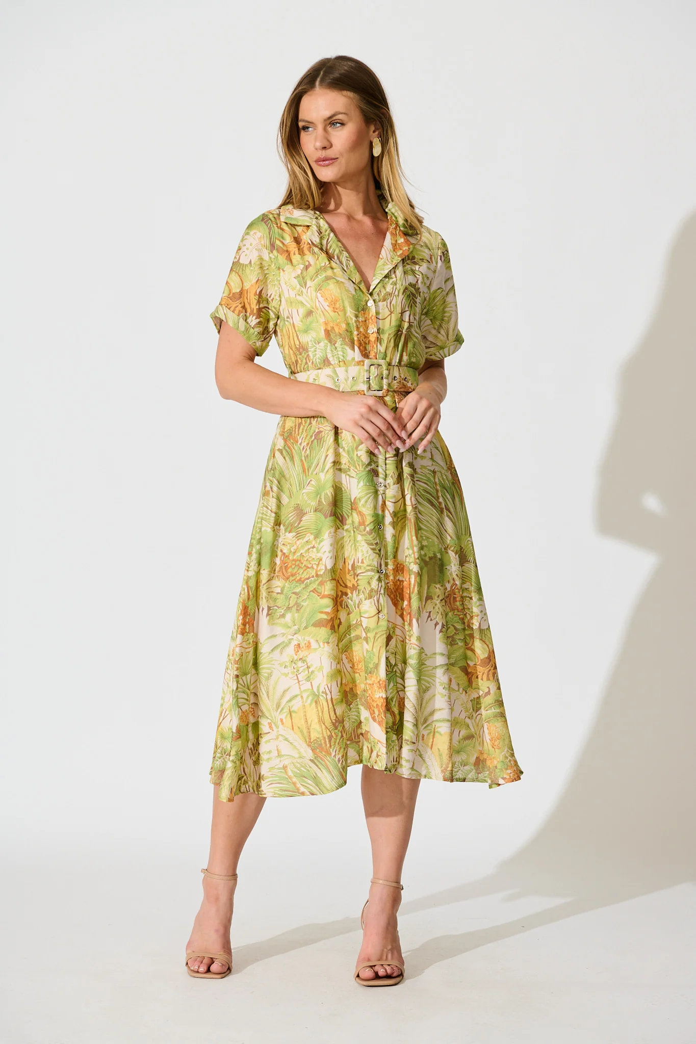 My Sweet Midi Shirt Dress in Green Multi Leaf Print