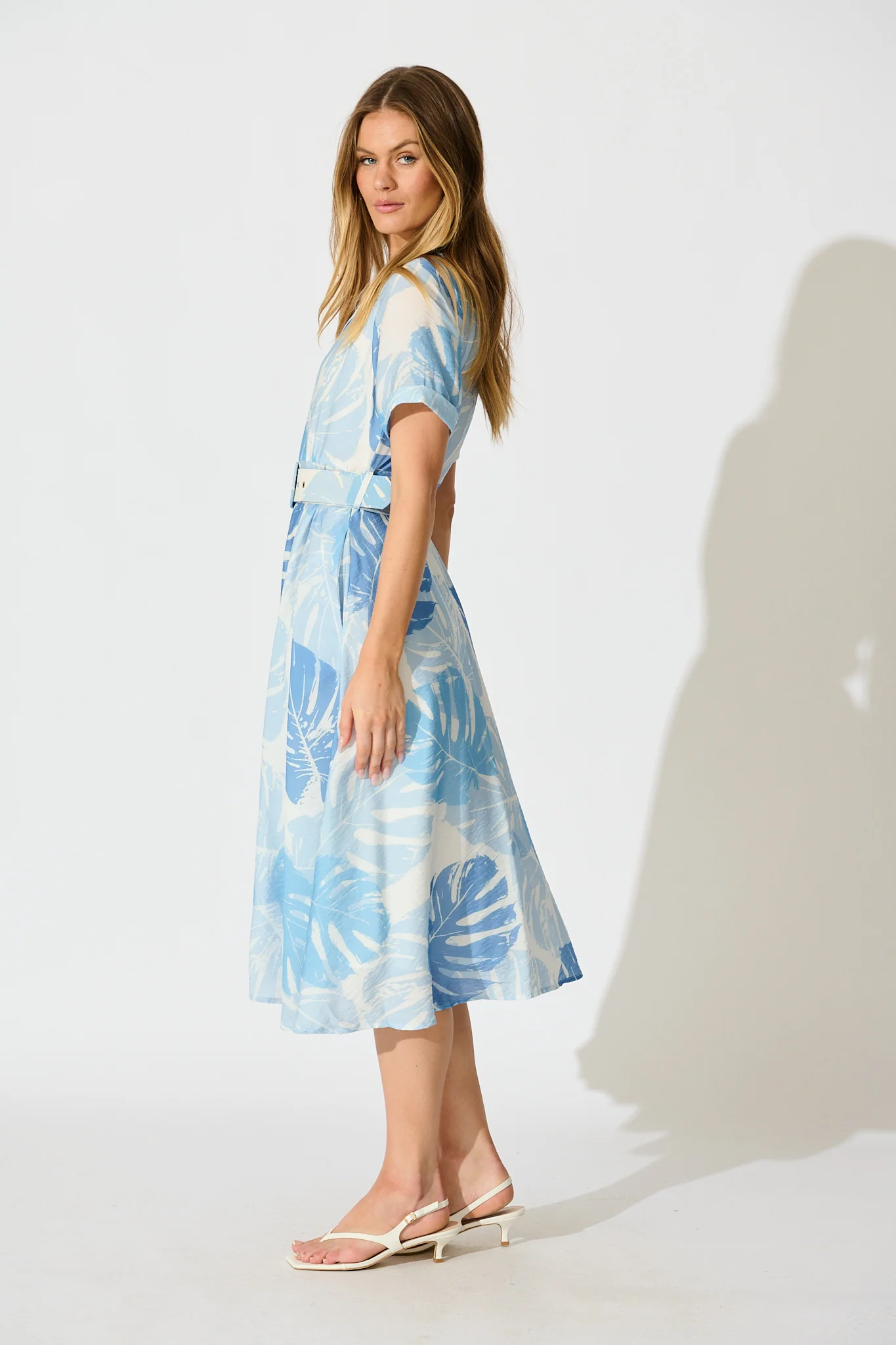 My Sweet Midi Shirt Dress in Multi Blue Leaf Print - Image 3