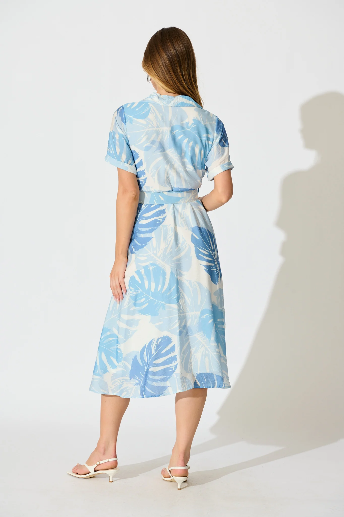My Sweet Midi Shirt Dress in Multi Blue Leaf Print - Image 4