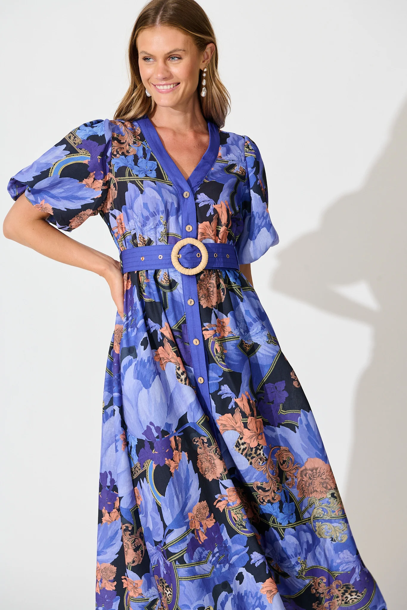 Mystical Bloom Maxi Dress in Blue with Multi Linen Blend - Image 3