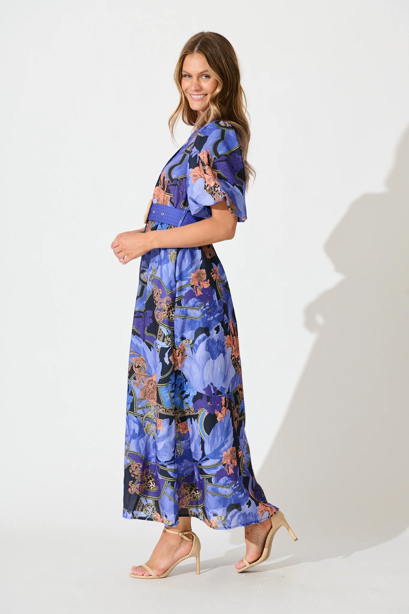 Mystical Bloom Maxi Dress in Blue with Multi Linen Blend - Image 4