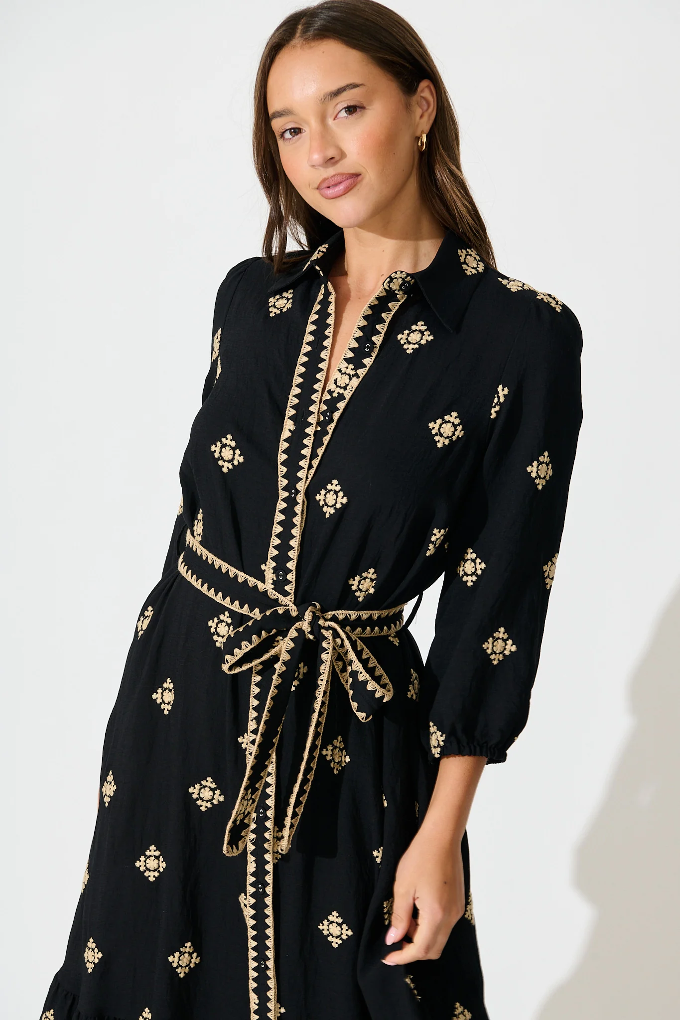 Nahla Midi Shirt Dress in Black with Cream Embroidery - Image 2