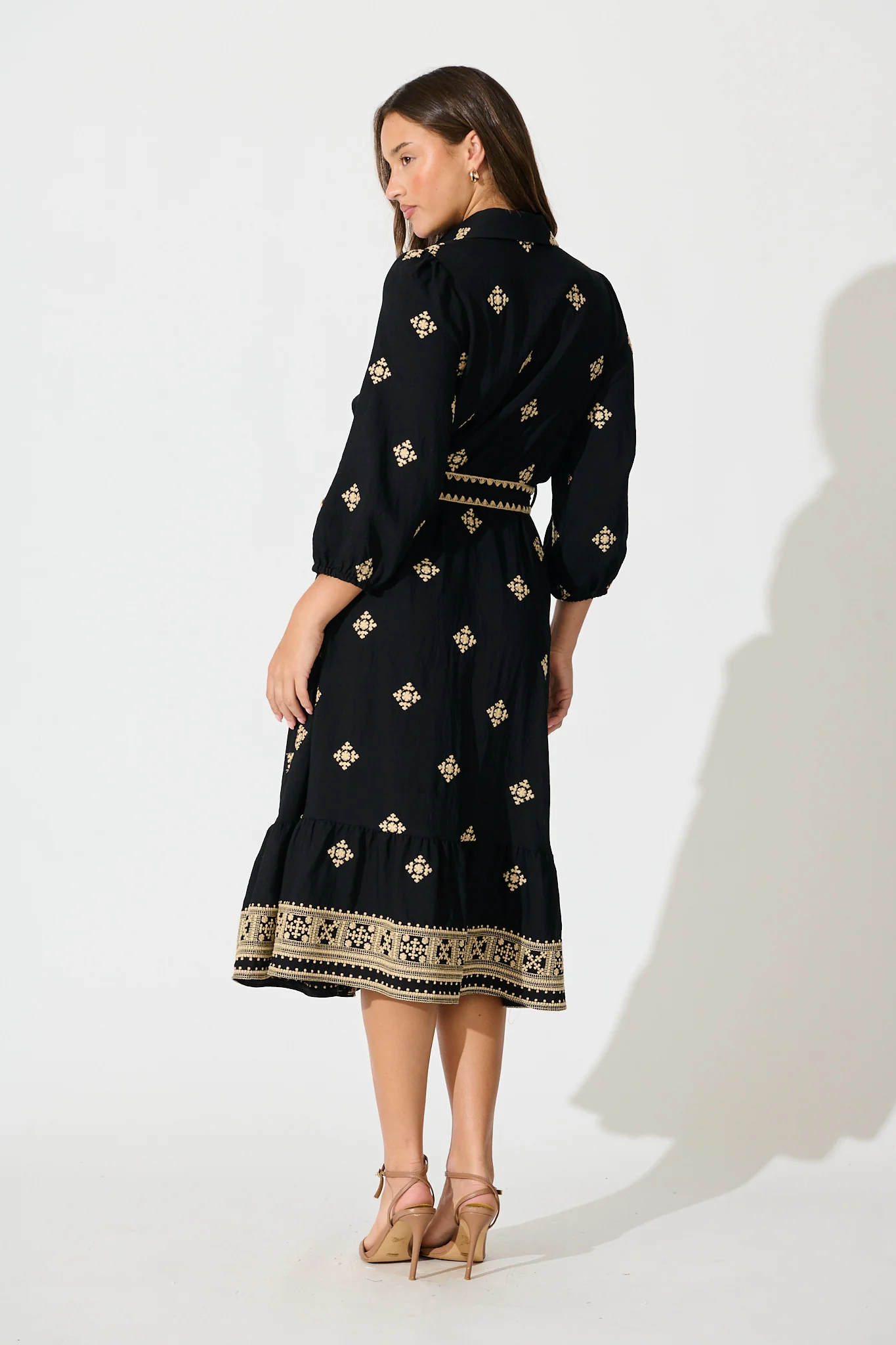 Nahla Midi Shirt Dress in Black with Cream Embroidery - Image 4