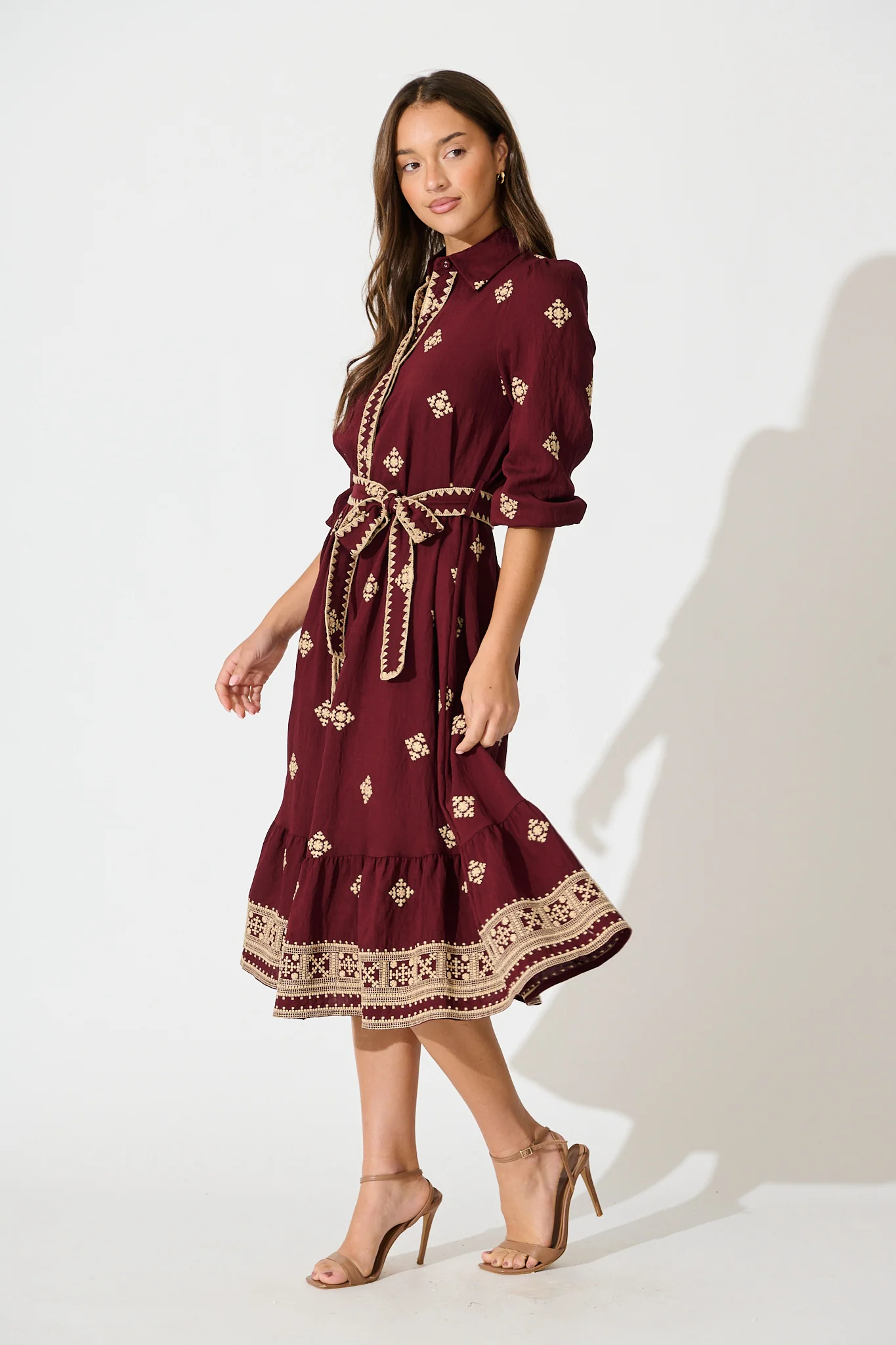 Nahla Midi Shirt Dress in Wine with Cream Embroidery - Image 2