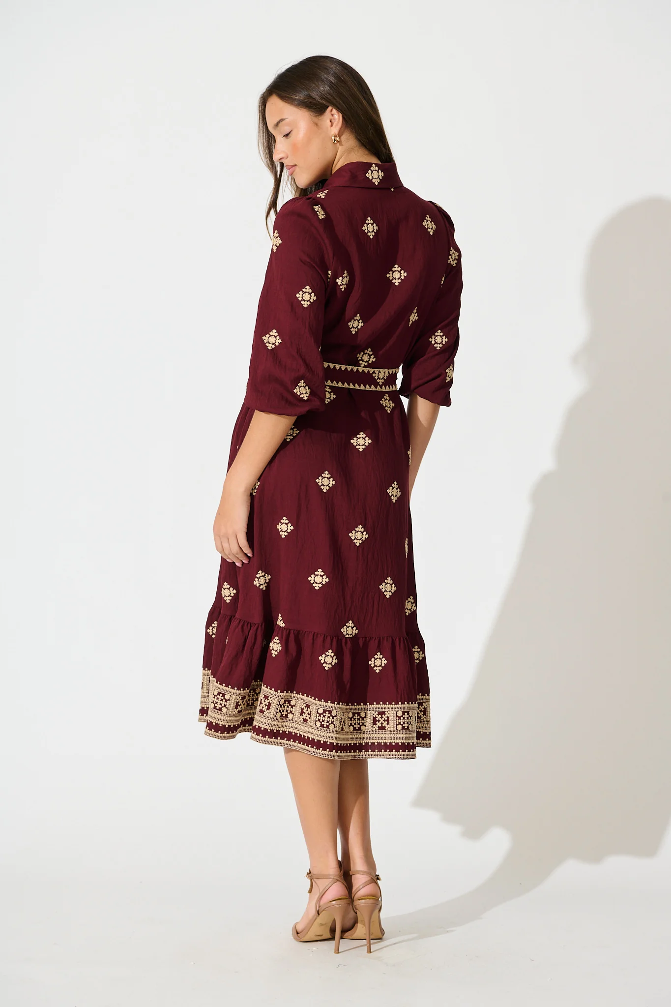 Nahla Midi Shirt Dress in Wine with Cream Embroidery - Image 4
