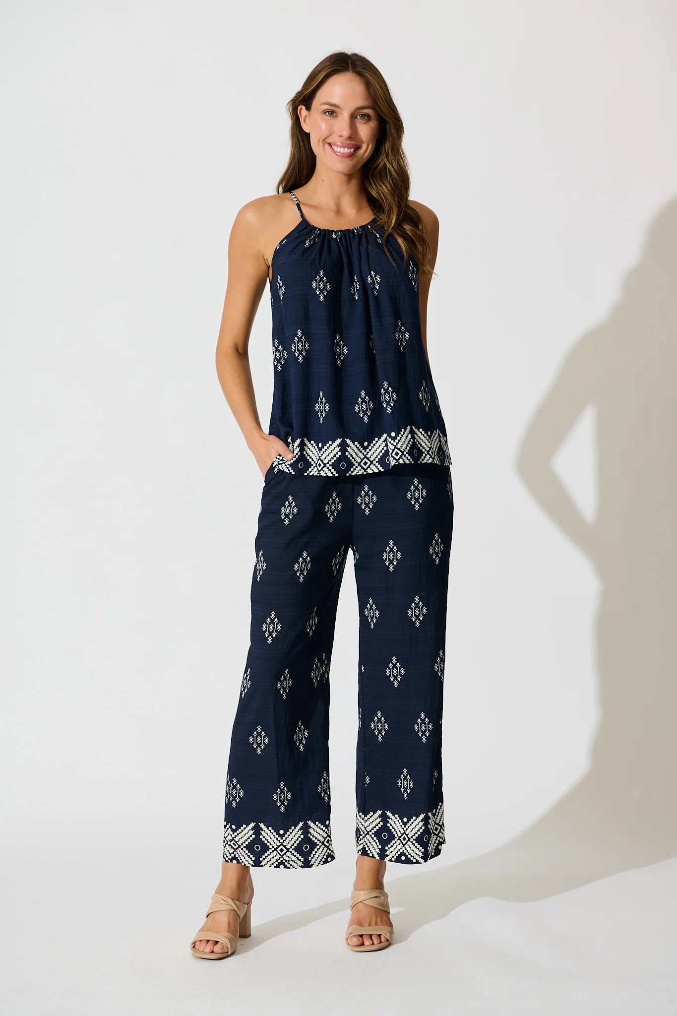 Naia Pant in Navy with White Border Print Linen Blend - Image 5