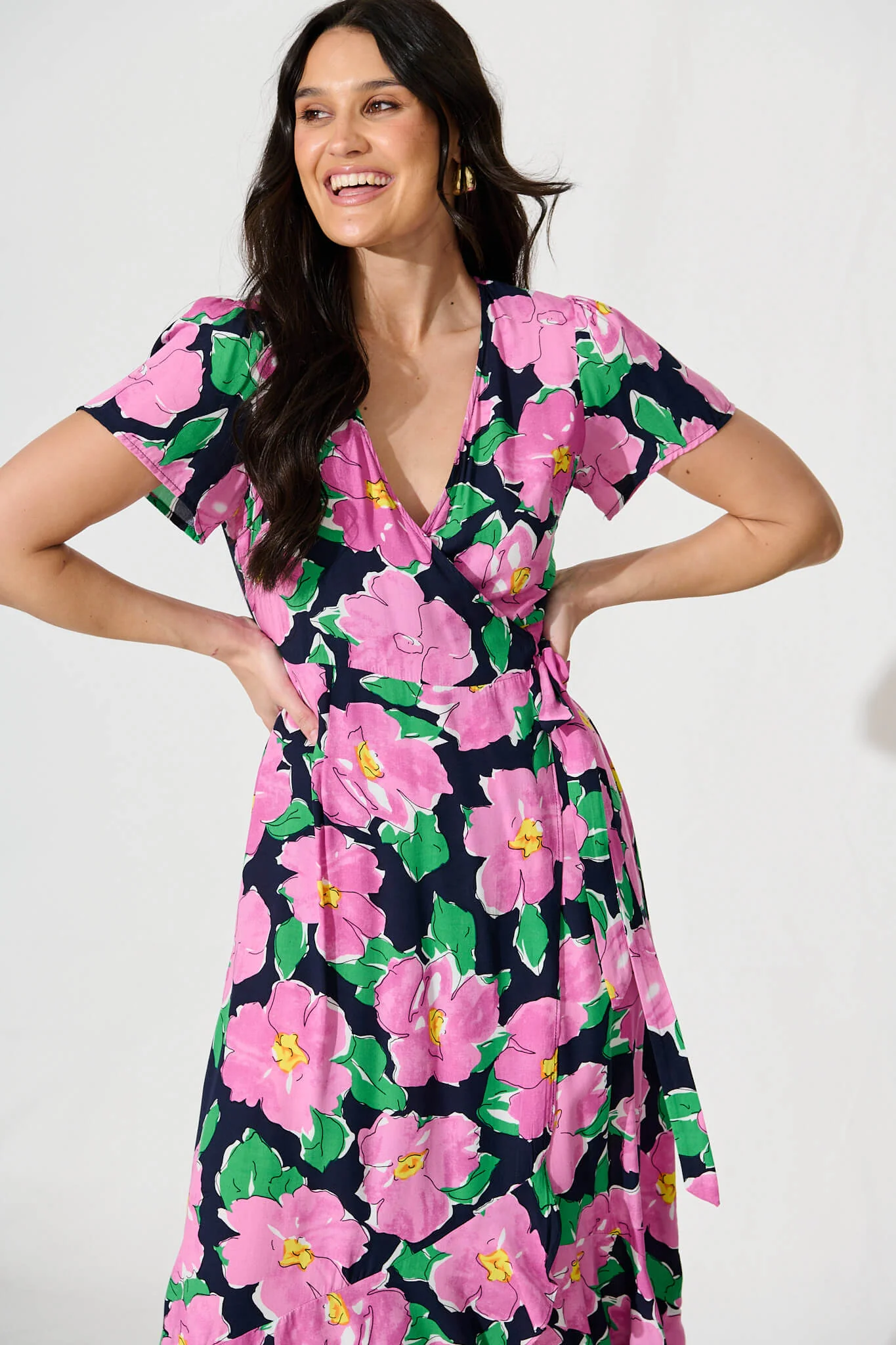 Naira Midi Wrap Dress in Black and Purple Floral - Image 2