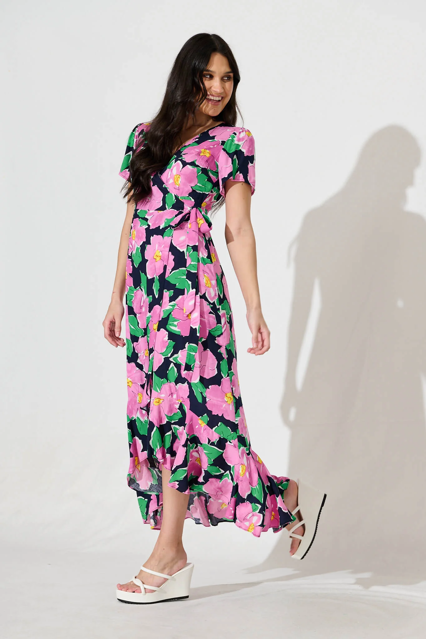 Naira Midi Wrap Dress in Black and Purple Floral - Image 3