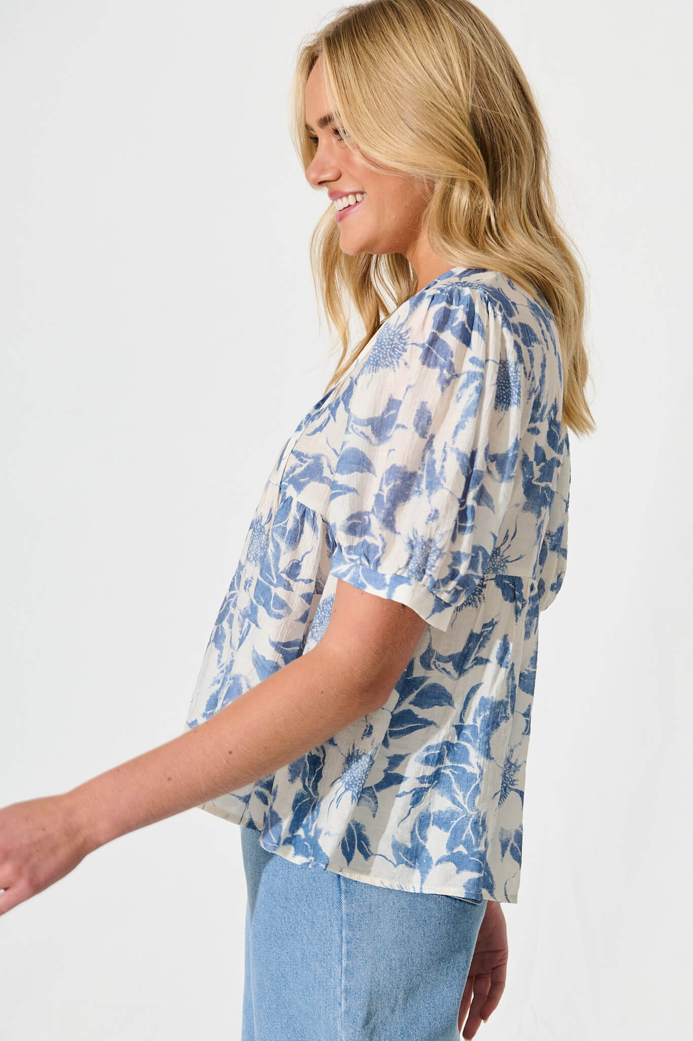 Nalini Top in White with Blue Flower - Image 2