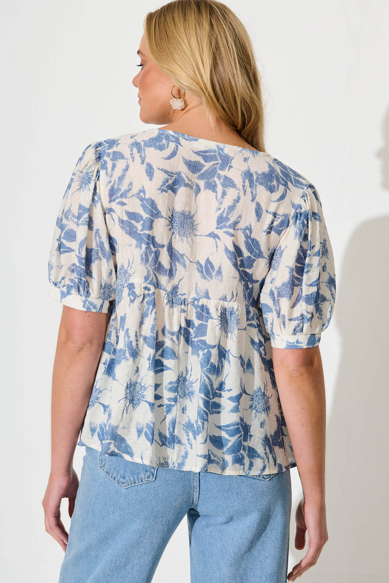 Nalini Top in White with Blue Flower - Image 3