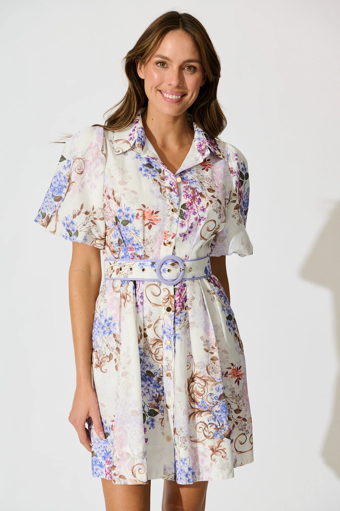 Narelle Shirt Dress in White Floral Linen Blend - Image 2