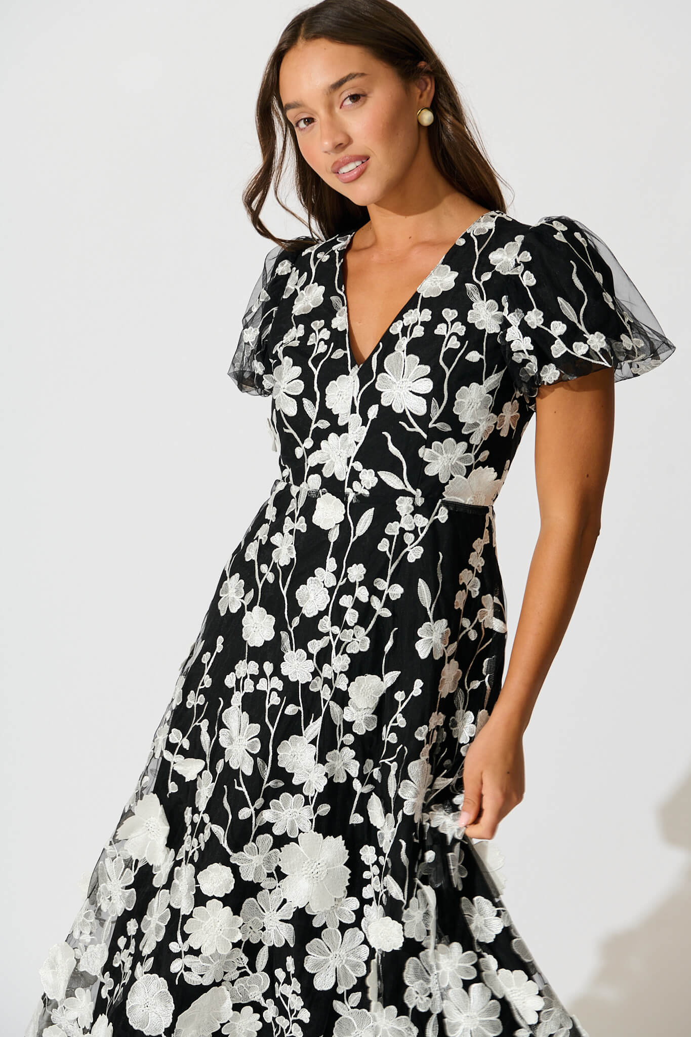 Nashira Maxi Dress in Black and White Embroidered Tulle - Image 2