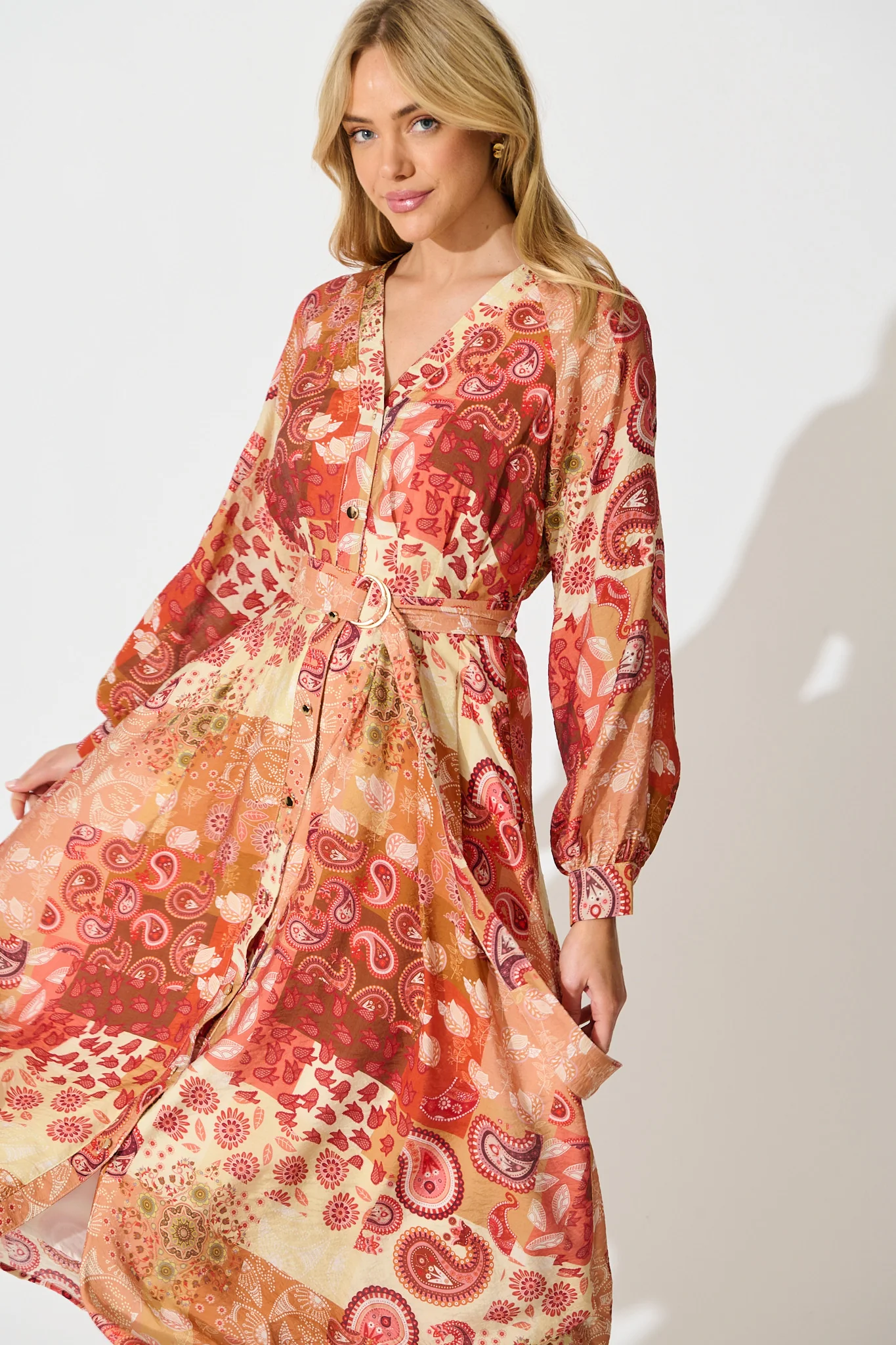 Natalie Midi Dress in Rust Patchwork - Image 2