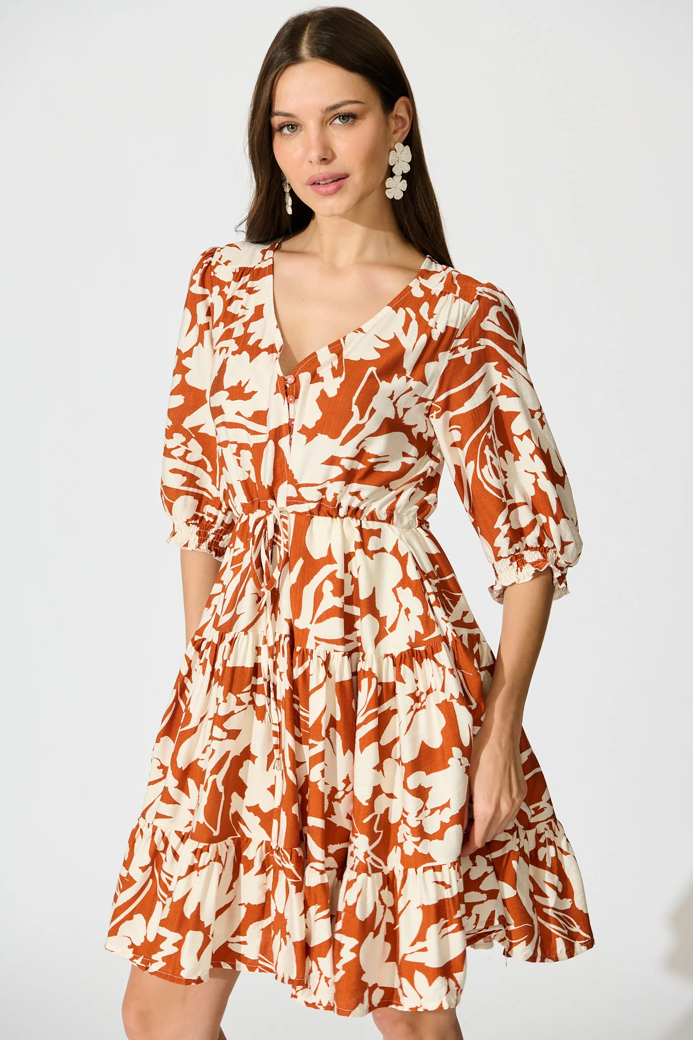 Navianna Dress in White with Brown Floral - Image 2