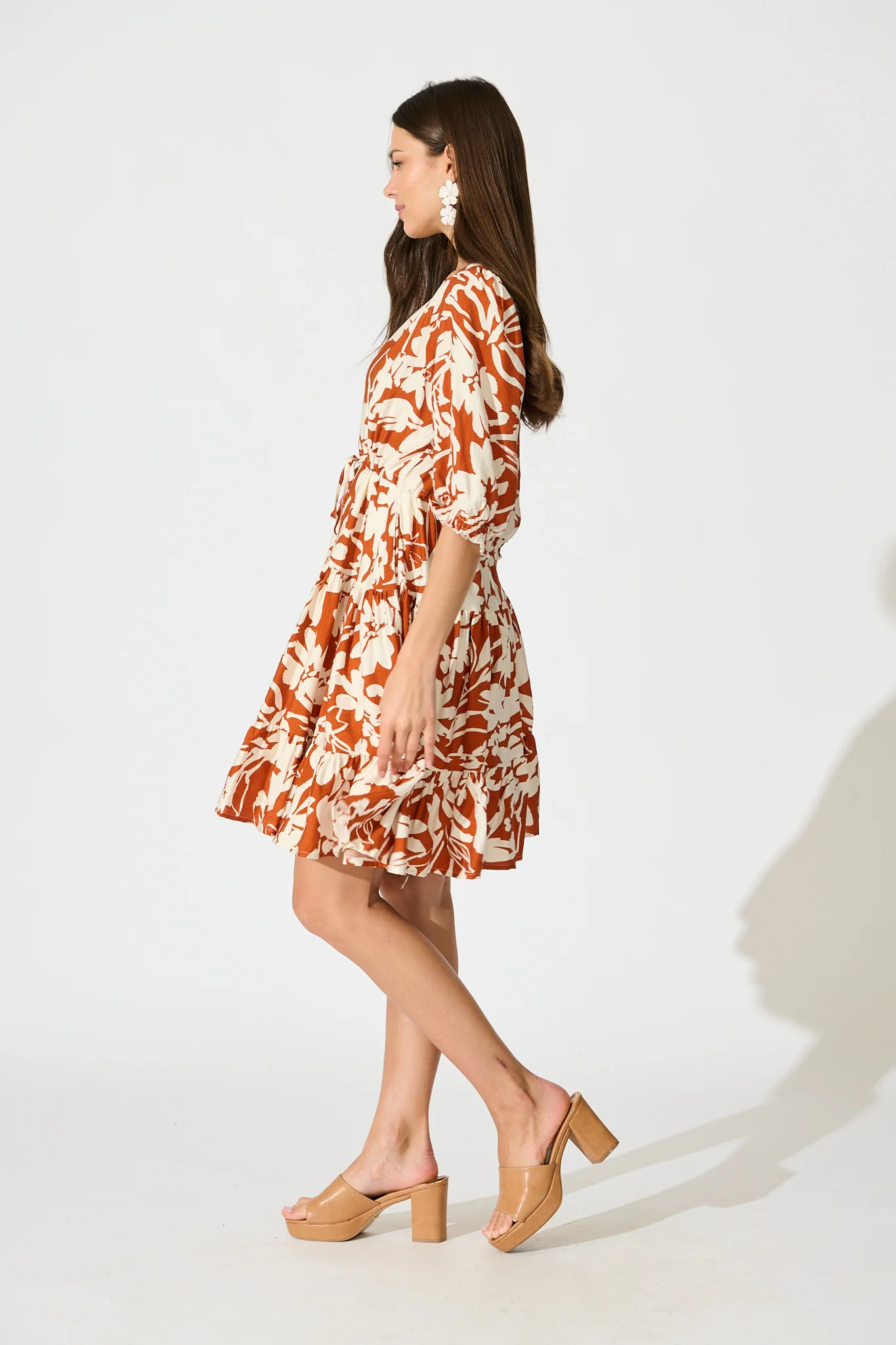 Navianna Dress in White with Brown Floral - Image 3