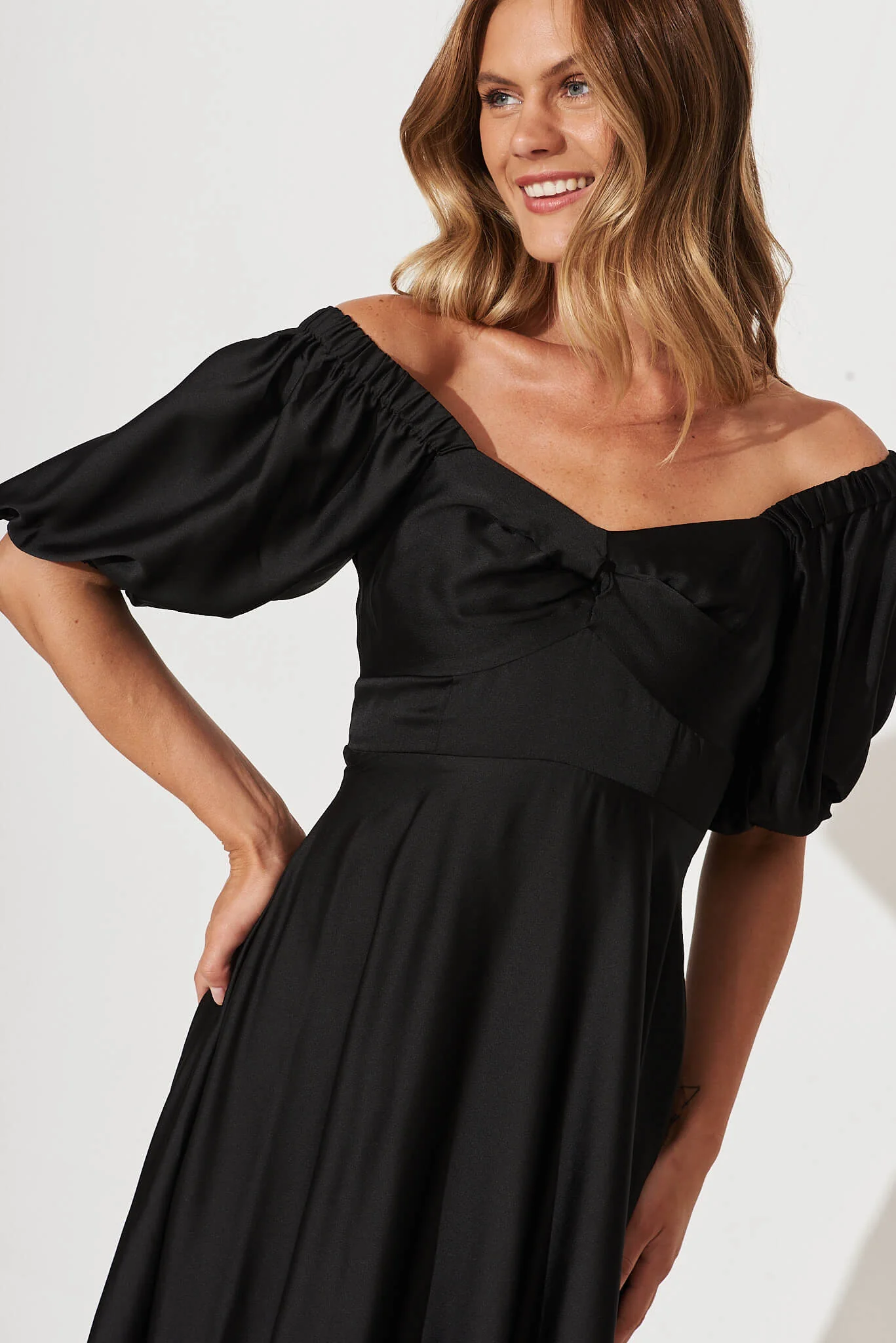 Nefertiti Midi Dress In Black Satin - Image 7