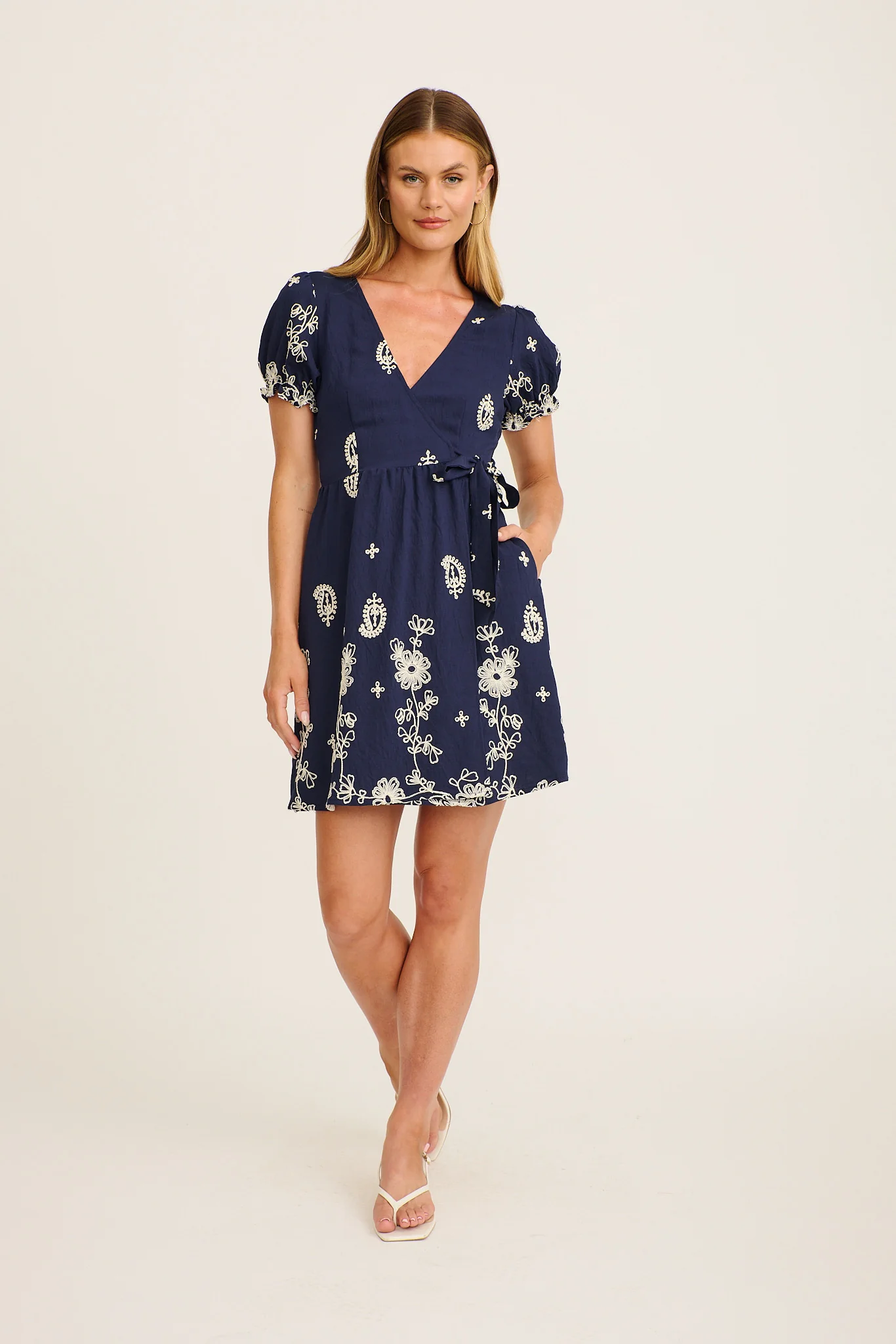Nera Wrap Dress in Navy with White Embroidery