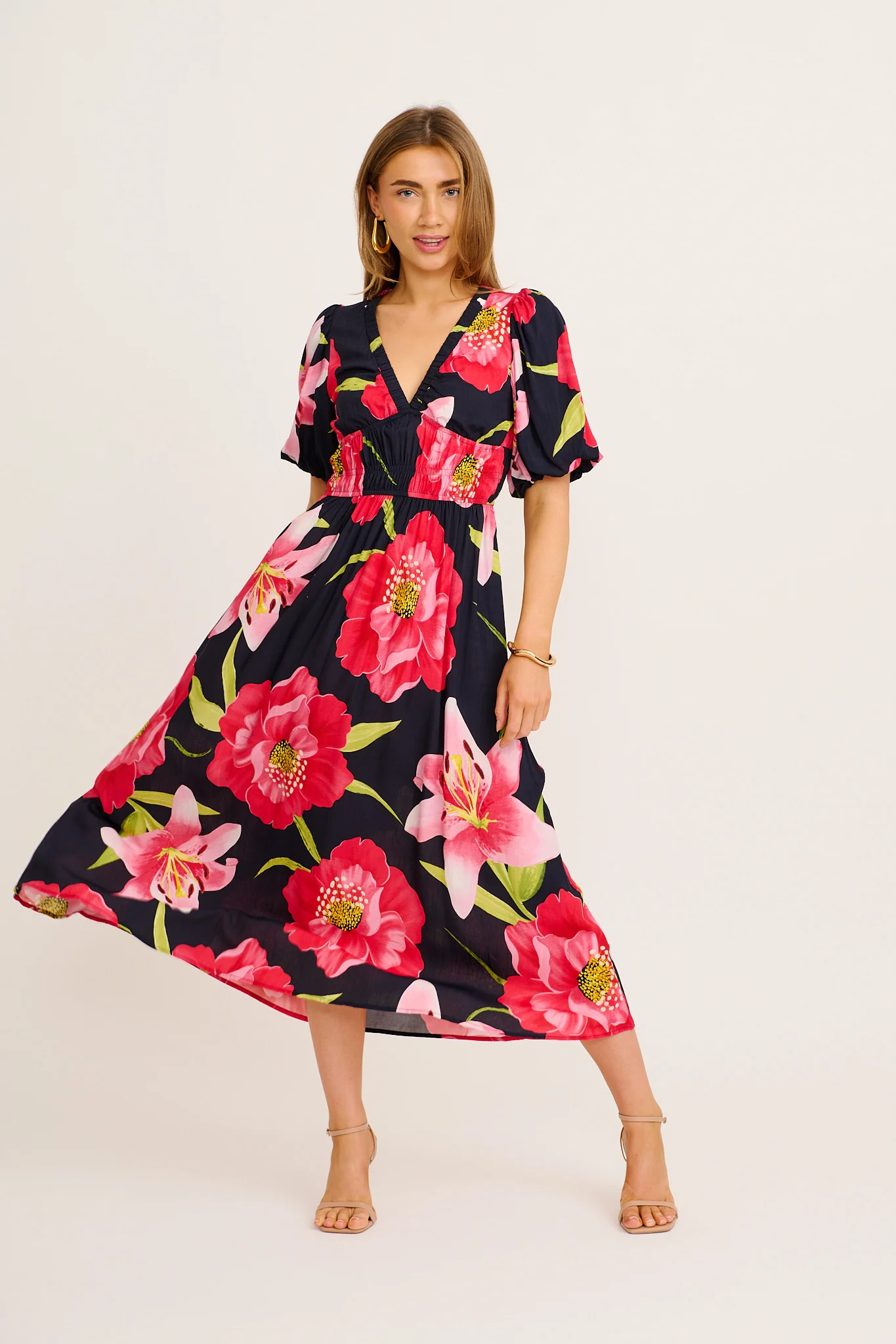 Nerea Midi Dress in Navy with Pink Floral