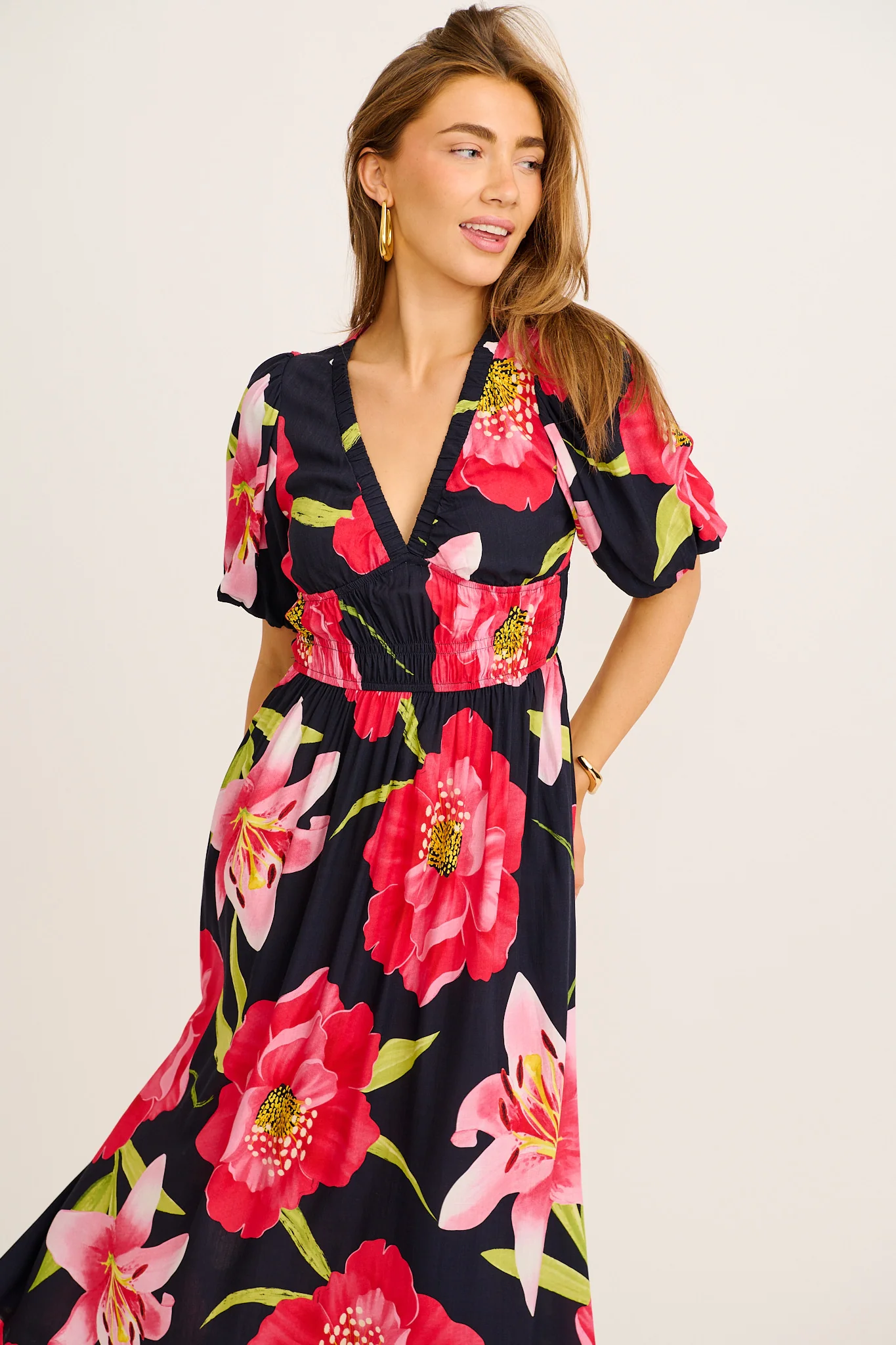 Nerea Midi Dress in Navy with Pink Floral - Image 2