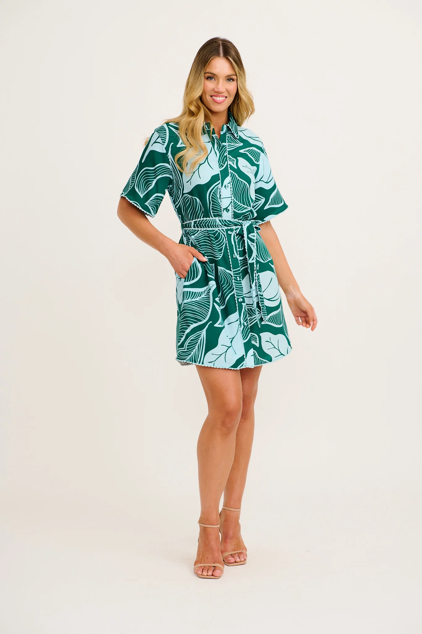 Nerisa Shirt Dress in Green Leaf Print