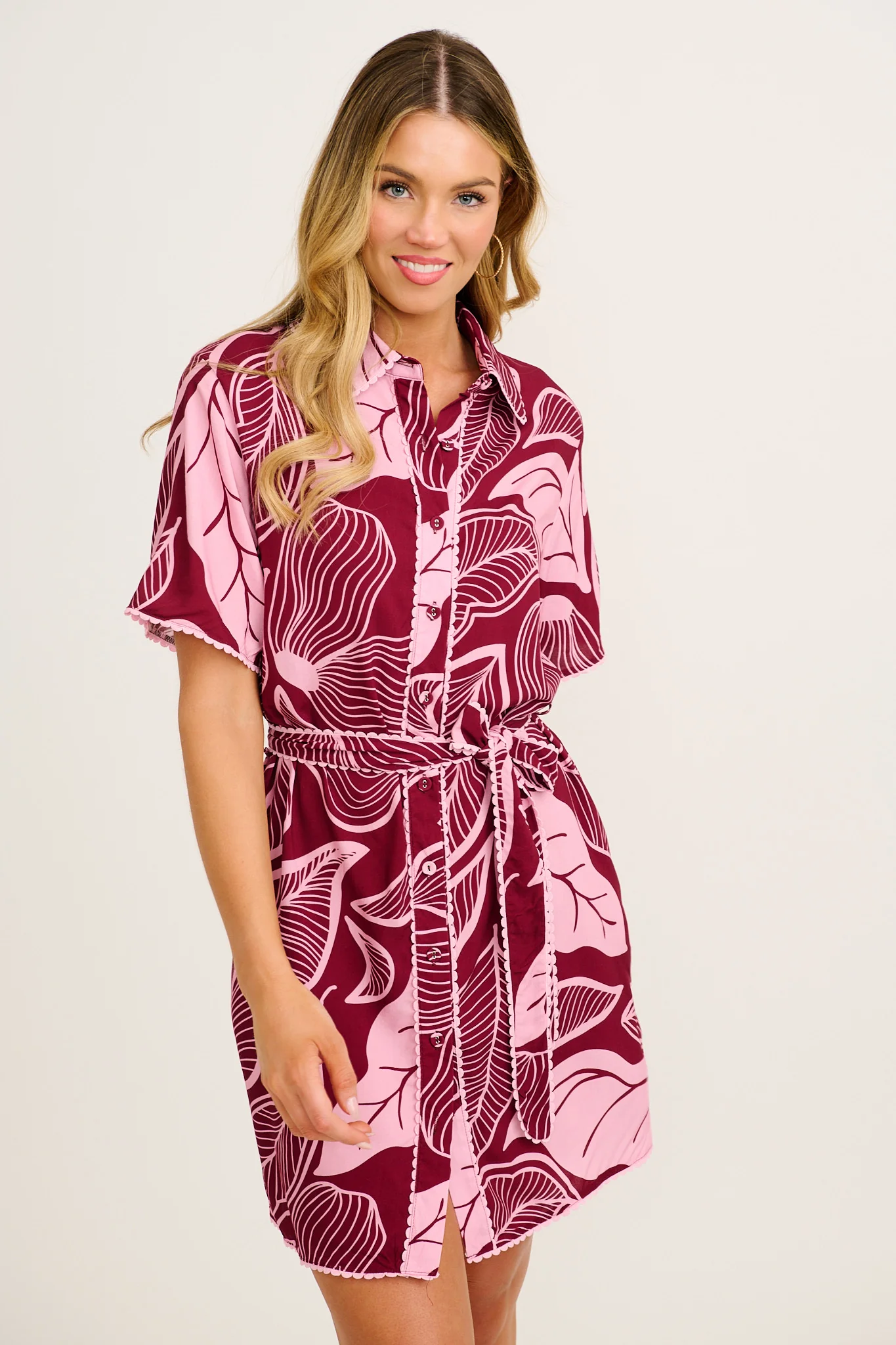 Nerisa Shirt Dress in Plum with Pink Leaf - Image 2