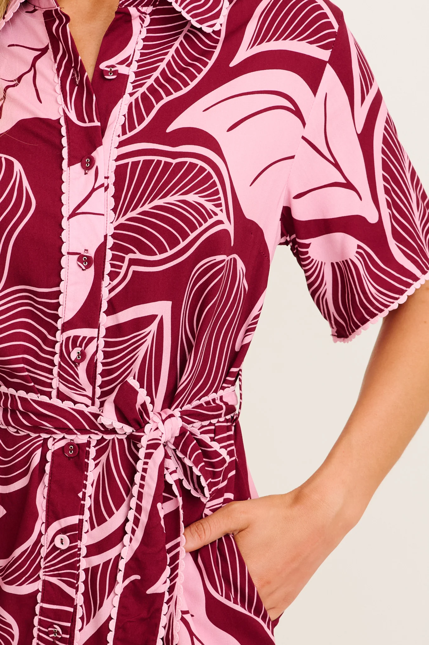Nerisa Shirt Dress in Plum with Pink Leaf - Image 5