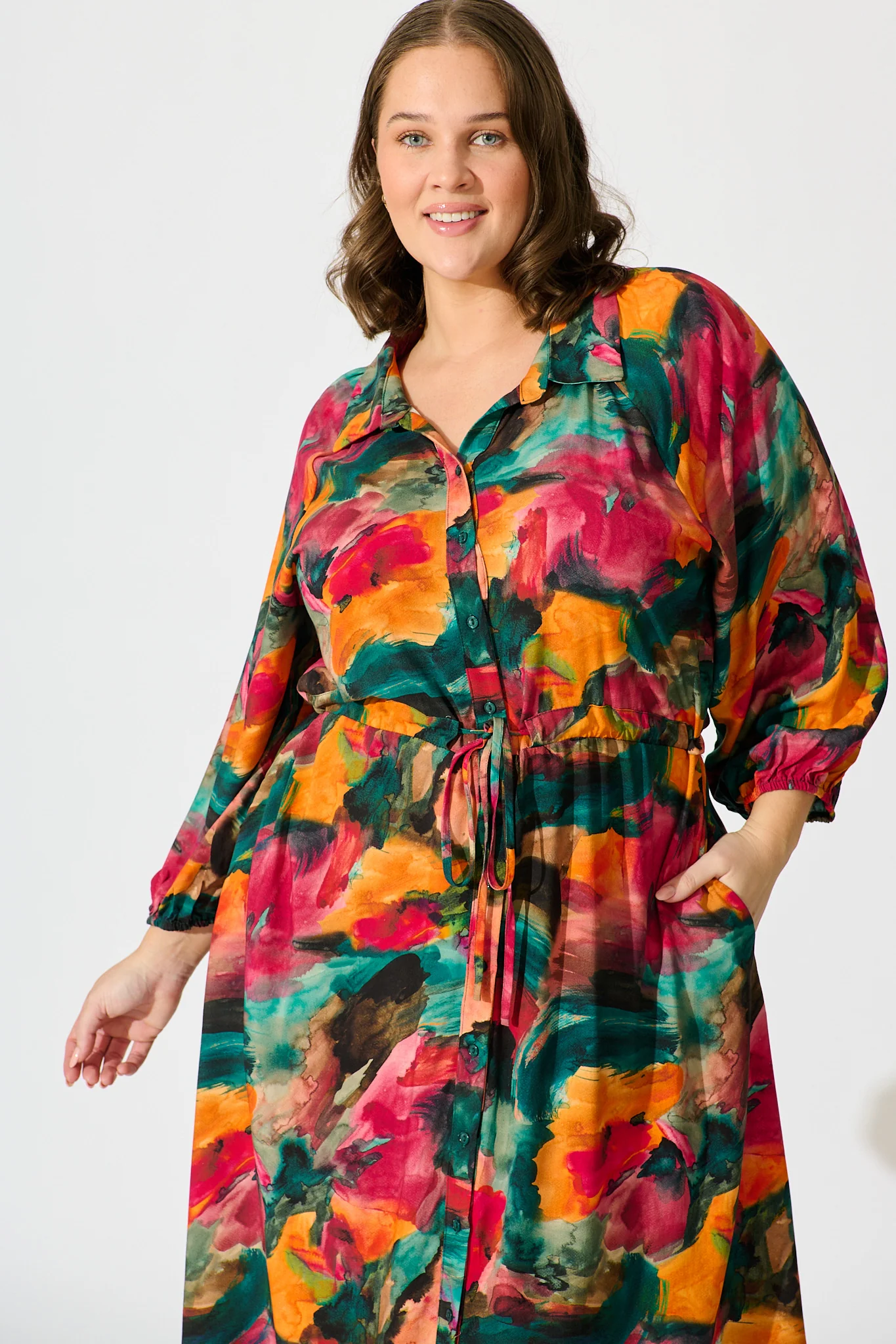 Neroli Midi Shirt Dress in Multi Watercolour Print - Image 6