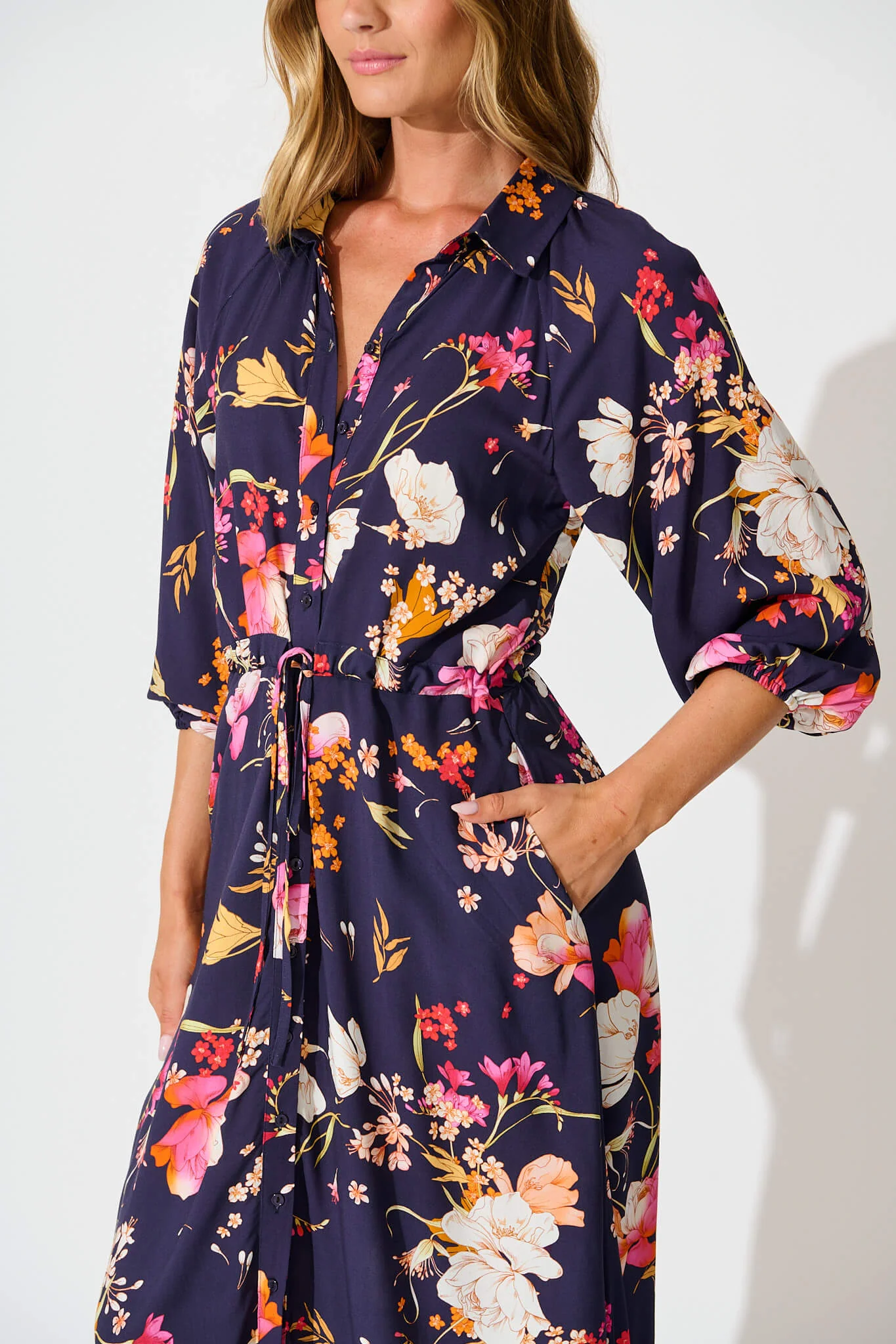 Neroli Midi Shirt Dress In Navy with Multi Floral - Image 12