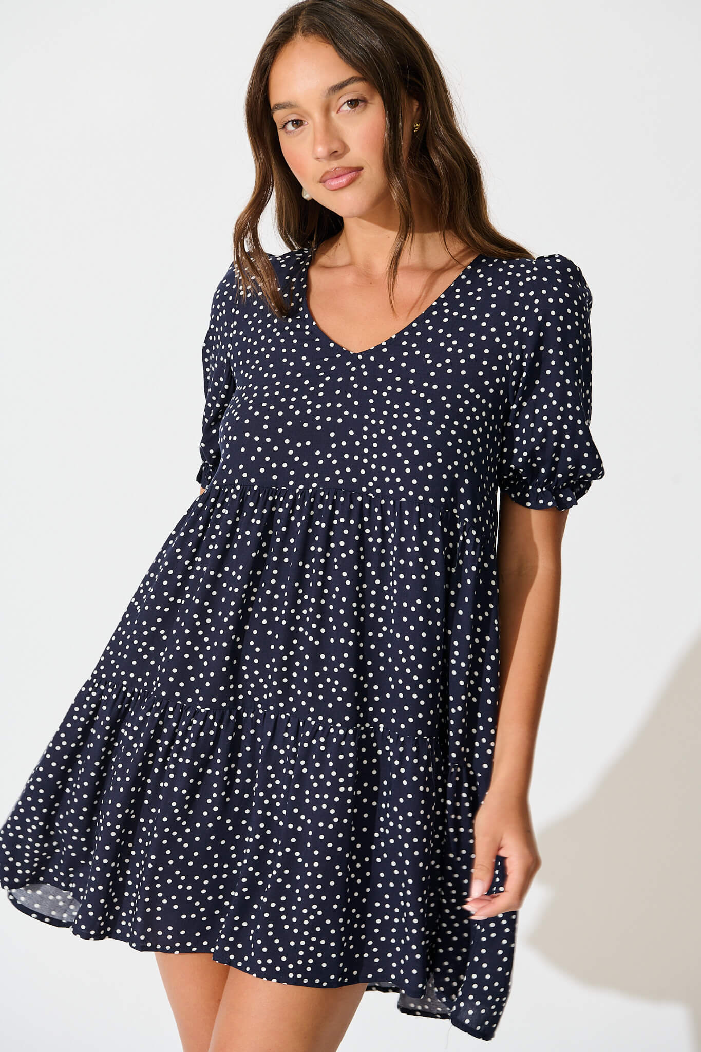 Neveen Smock Dress in Navy with White Spots - Image 2