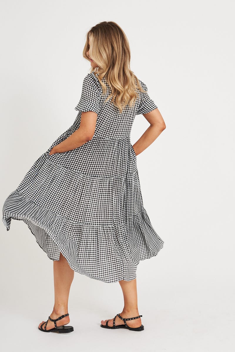 Nevi Midi Smock Dress In Black And White Gingham - Image 4