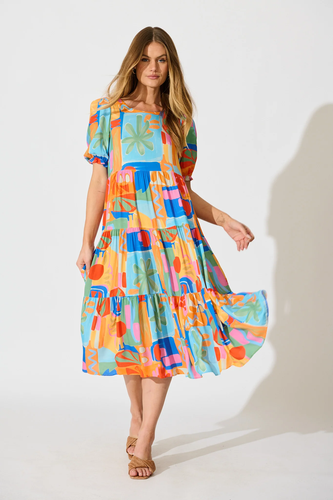 Nevi Tiered Midi Dress in Bright Multi Patchwork Print